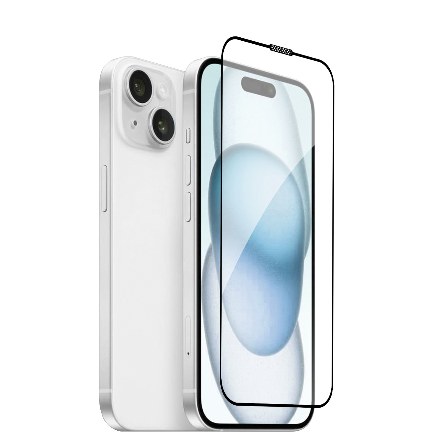 Smartphone bianco con protezione schermo applicata, vista angolata.