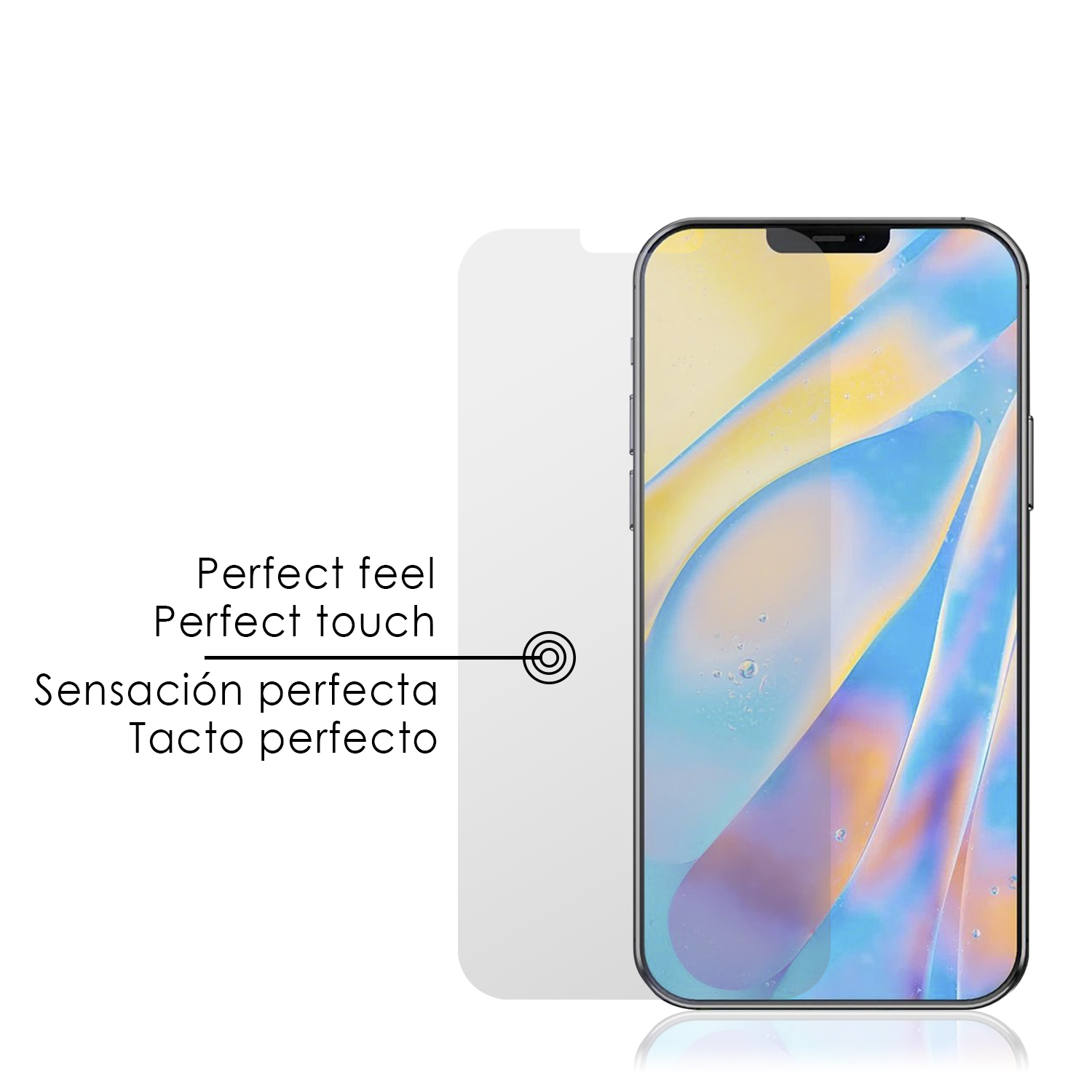 Un protector de pantalla y un teléfono. Texto en español: Tacto perfecto.