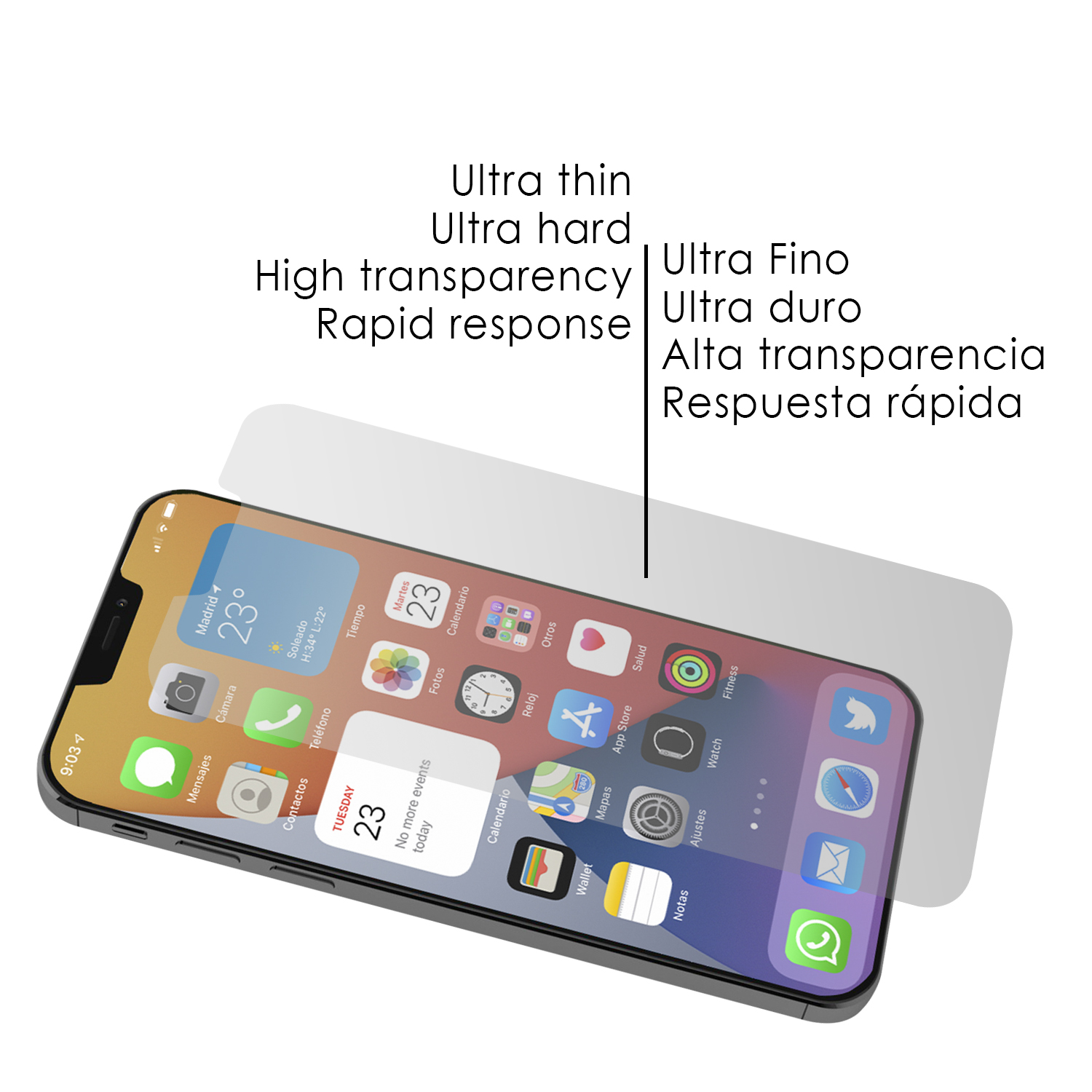 Smartphone con protector de pantalla aplicado, mostrando la fecha y la hora e iconos.