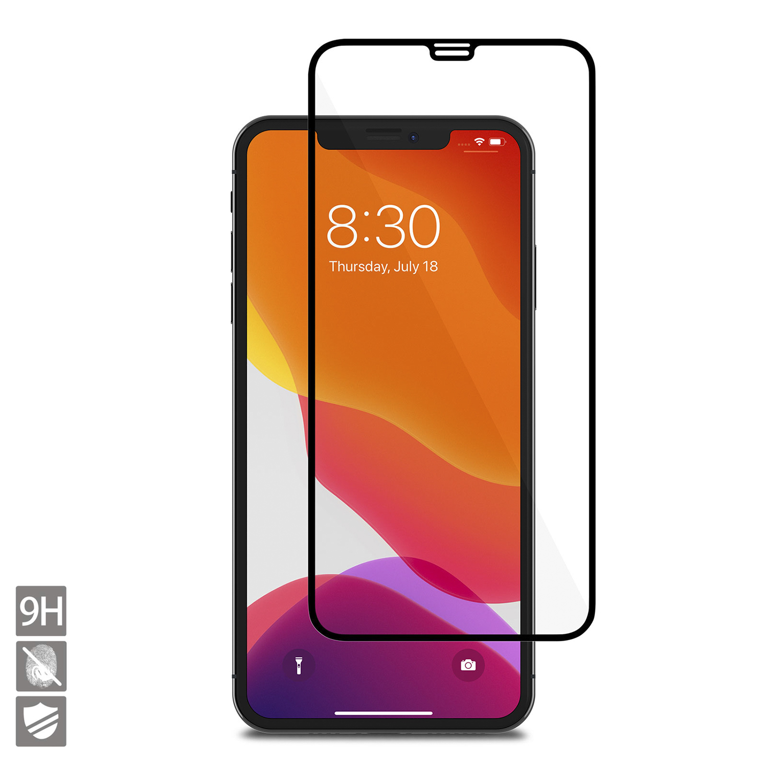 Uno schermo del telefono con una protezione per lo schermo applicata. Lo schermo mostra l'ora 8:30 e la data, giovedì 18 luglio.