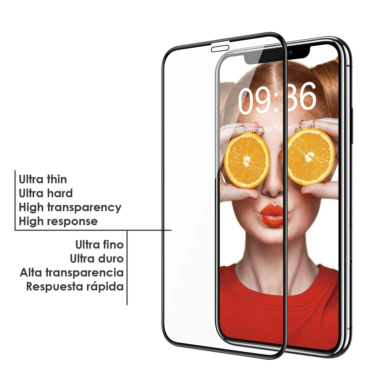 Schermo del telefono con volto di donna e fette d'arancia. Vetro protettivo sul telefono.