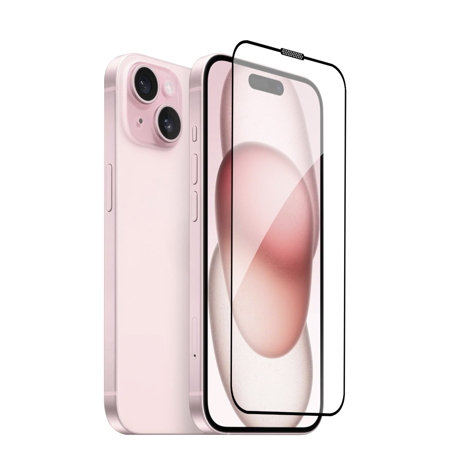 iPhone rosa con protector de pantalla. Se ven dos cámaras traseras y botones laterales. El protector es transparente.
