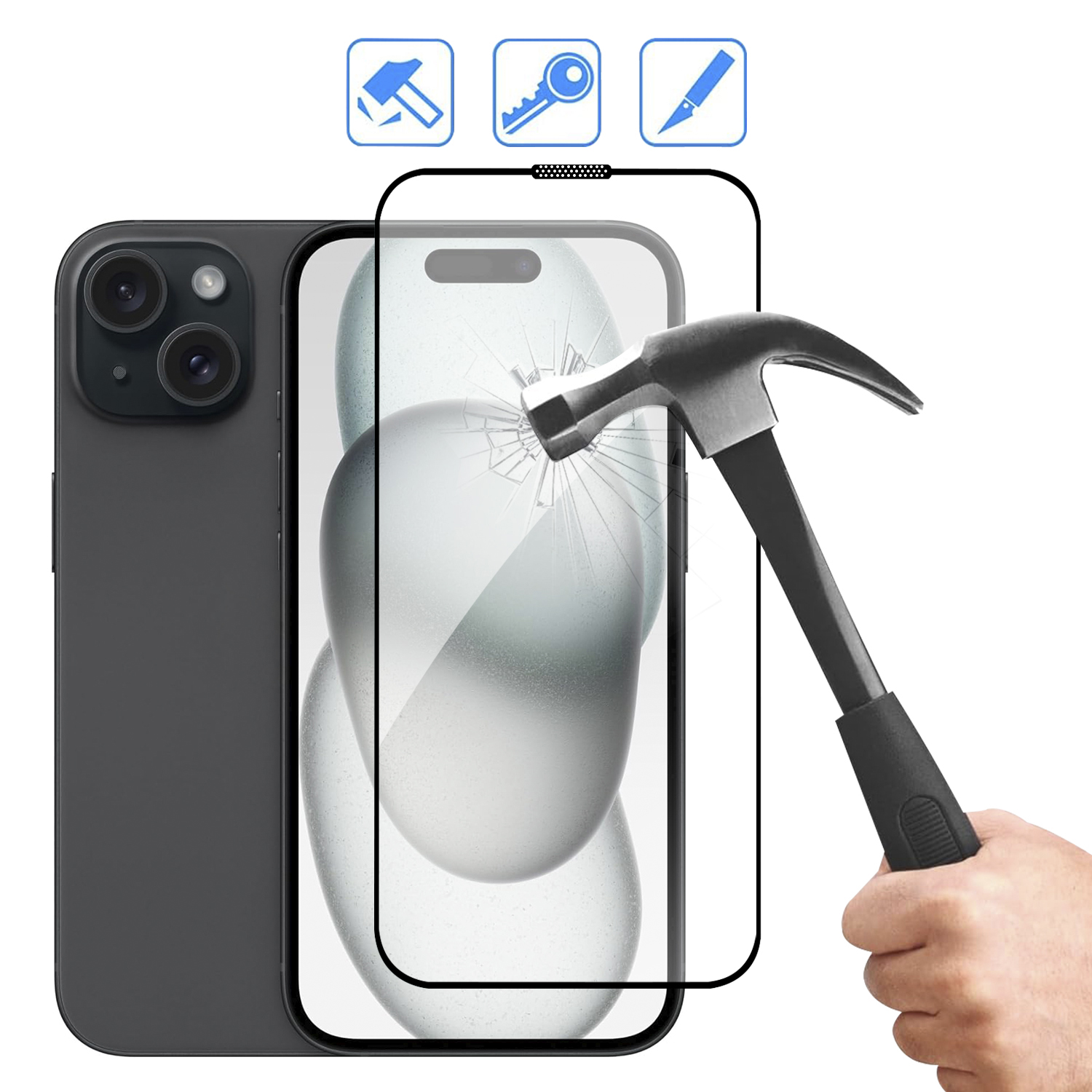 Martillo golpeando un protector de pantalla en un smartphone. Vidrio protector y teléfono visibles.
