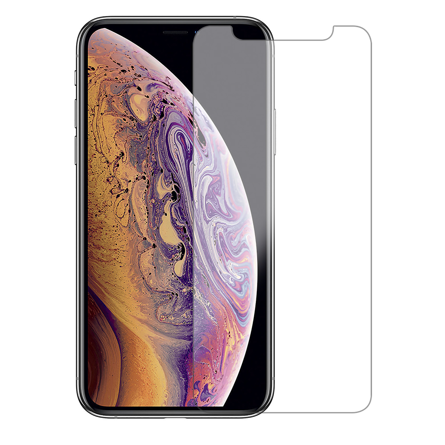 Smartphone con protezione schermo. Il telefono è nero con display dorato. La protezione è trasparente.