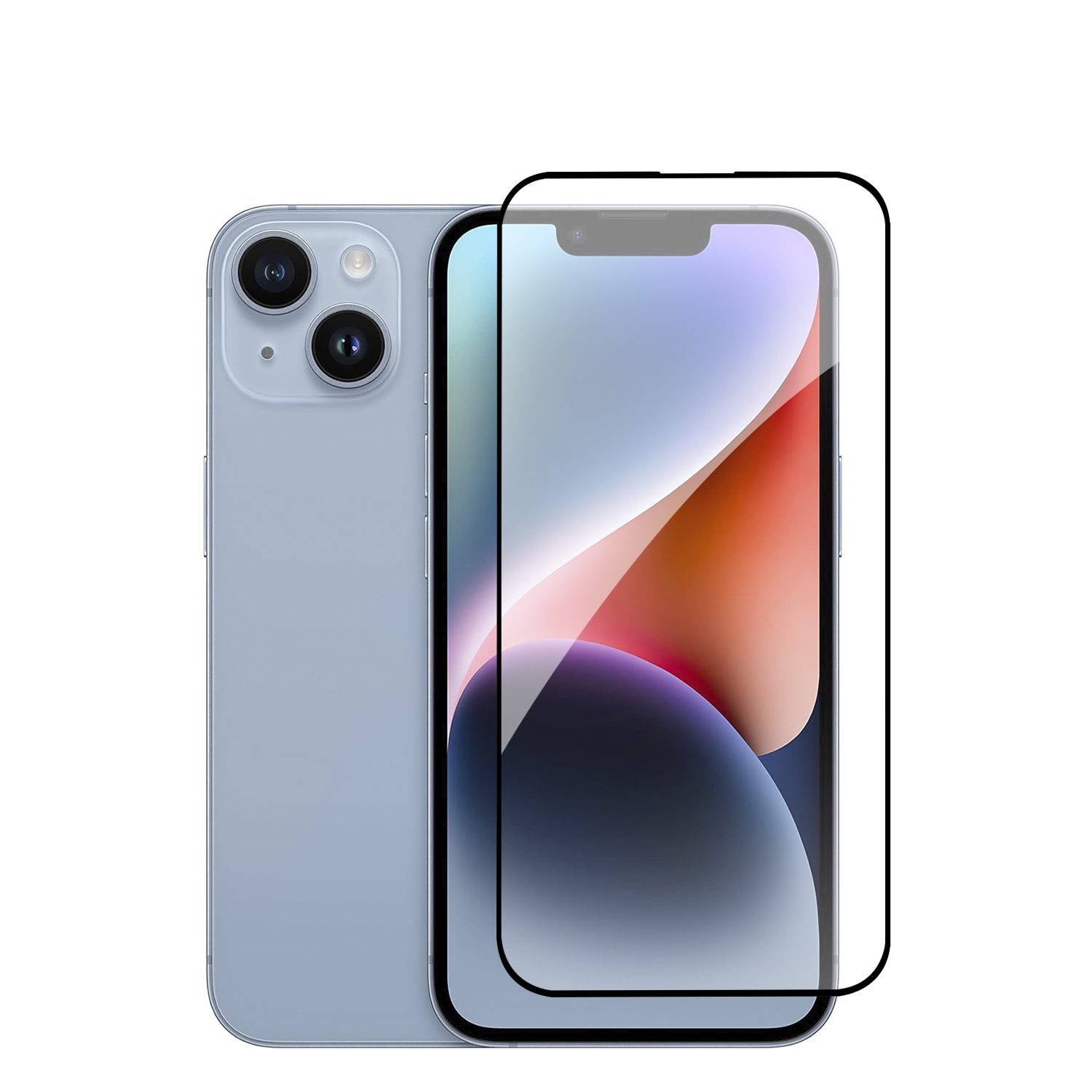 Smartphone blu con protezione schermo, mostra lo schermo e l'impostazione della fotocamera.