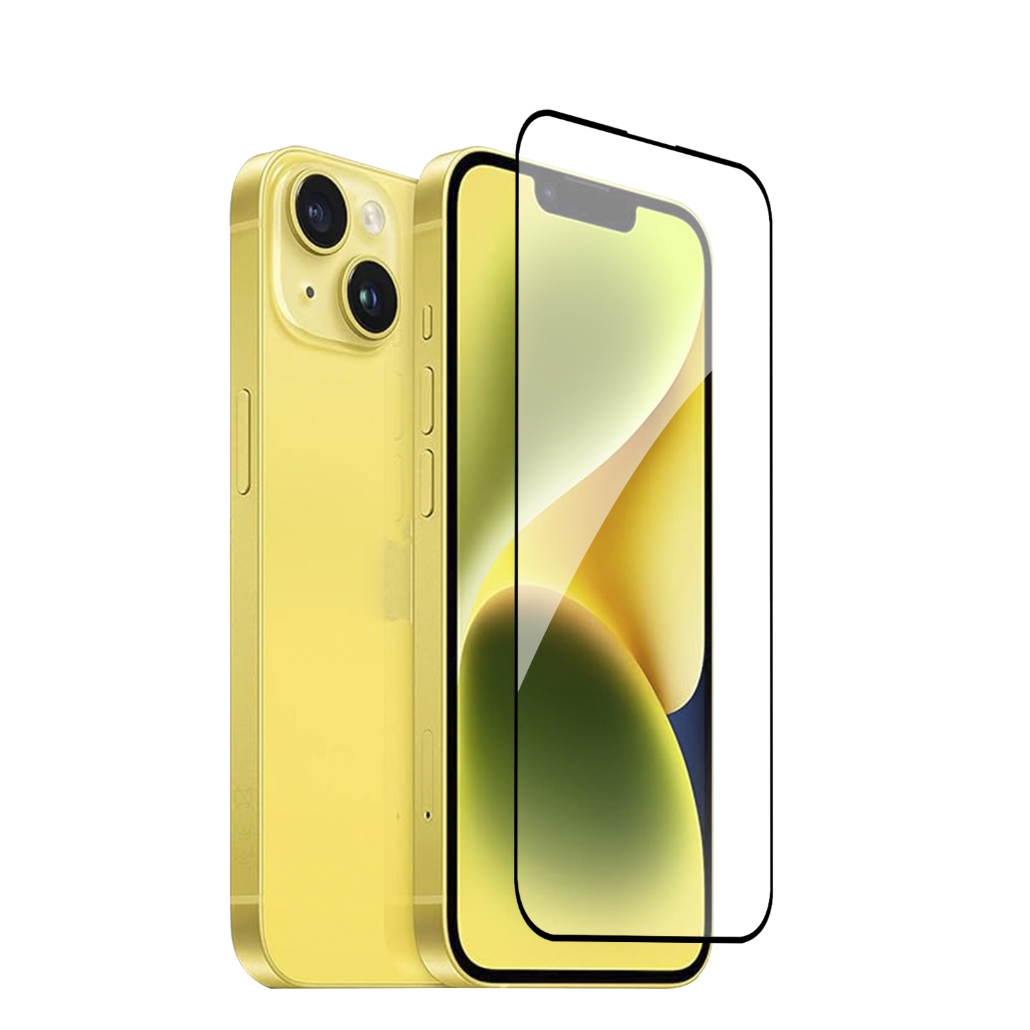 Un telefono giallo e una protezione schermo. Il telefono mostra uno sfondo verde.