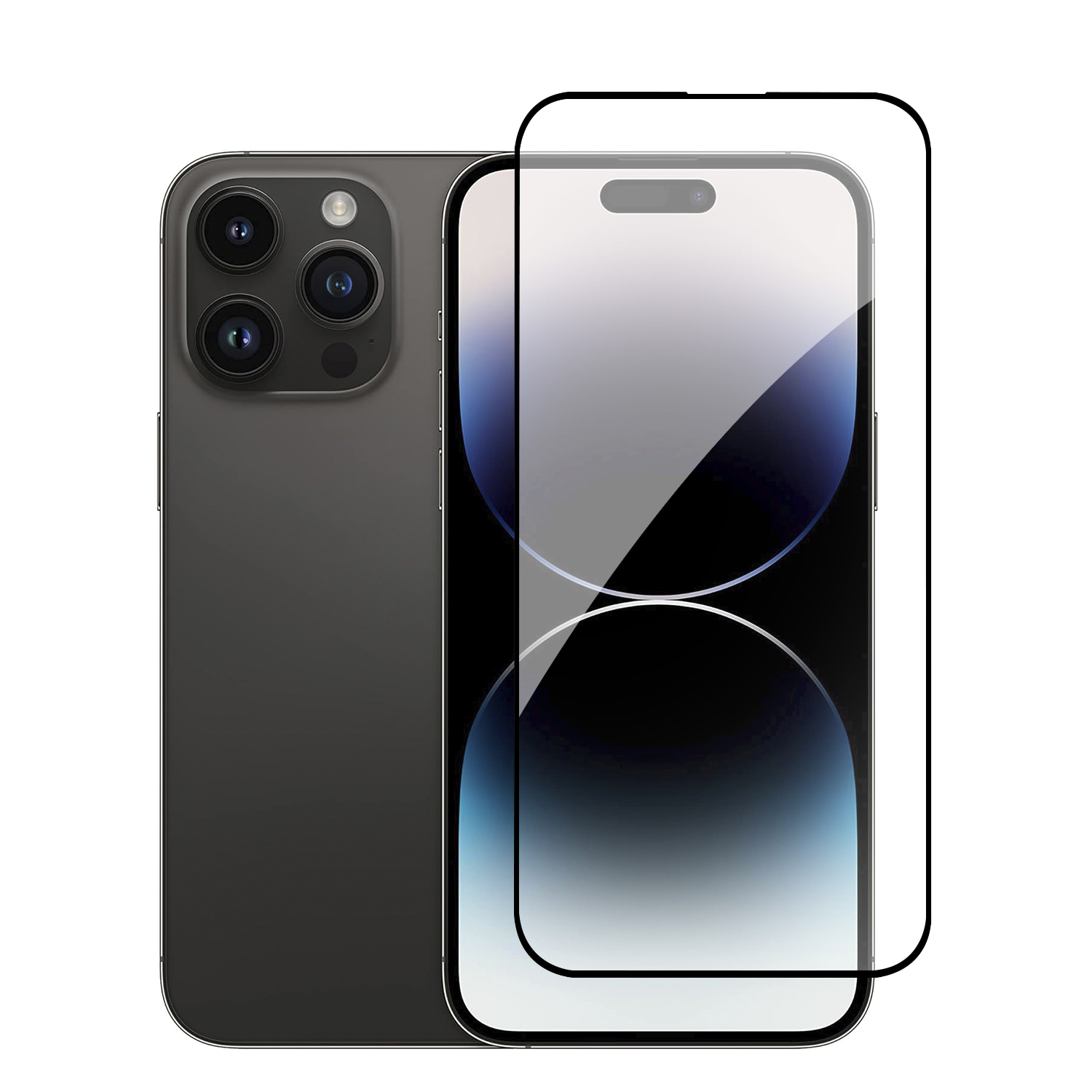 Uno smartphone con protezione schermo applicata. Il telefono è grigio scuro, con una fotocamera a tripla lente.