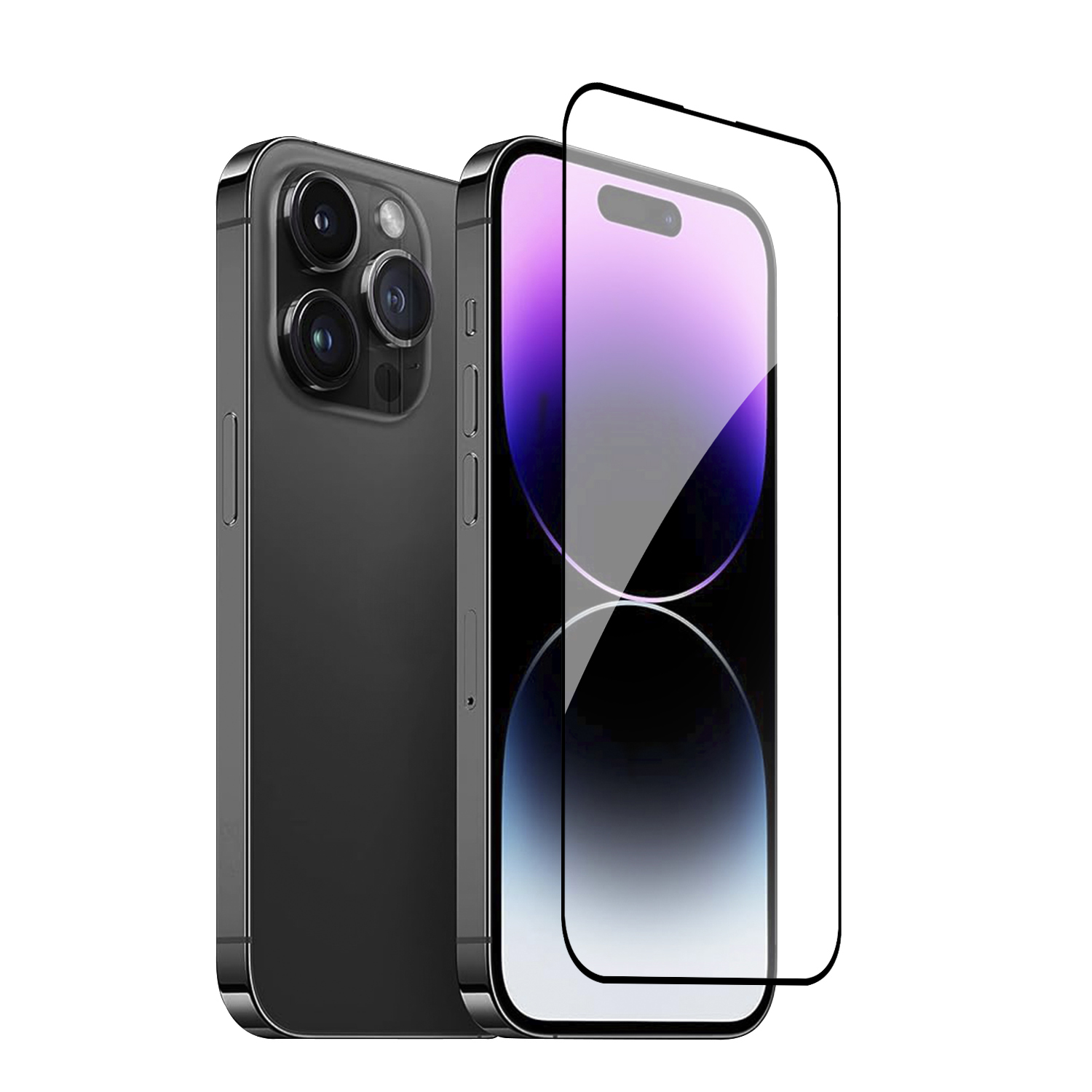 Smartphone nero con protezione schermo applicata. Il telefono ha tre fotocamere posteriori.