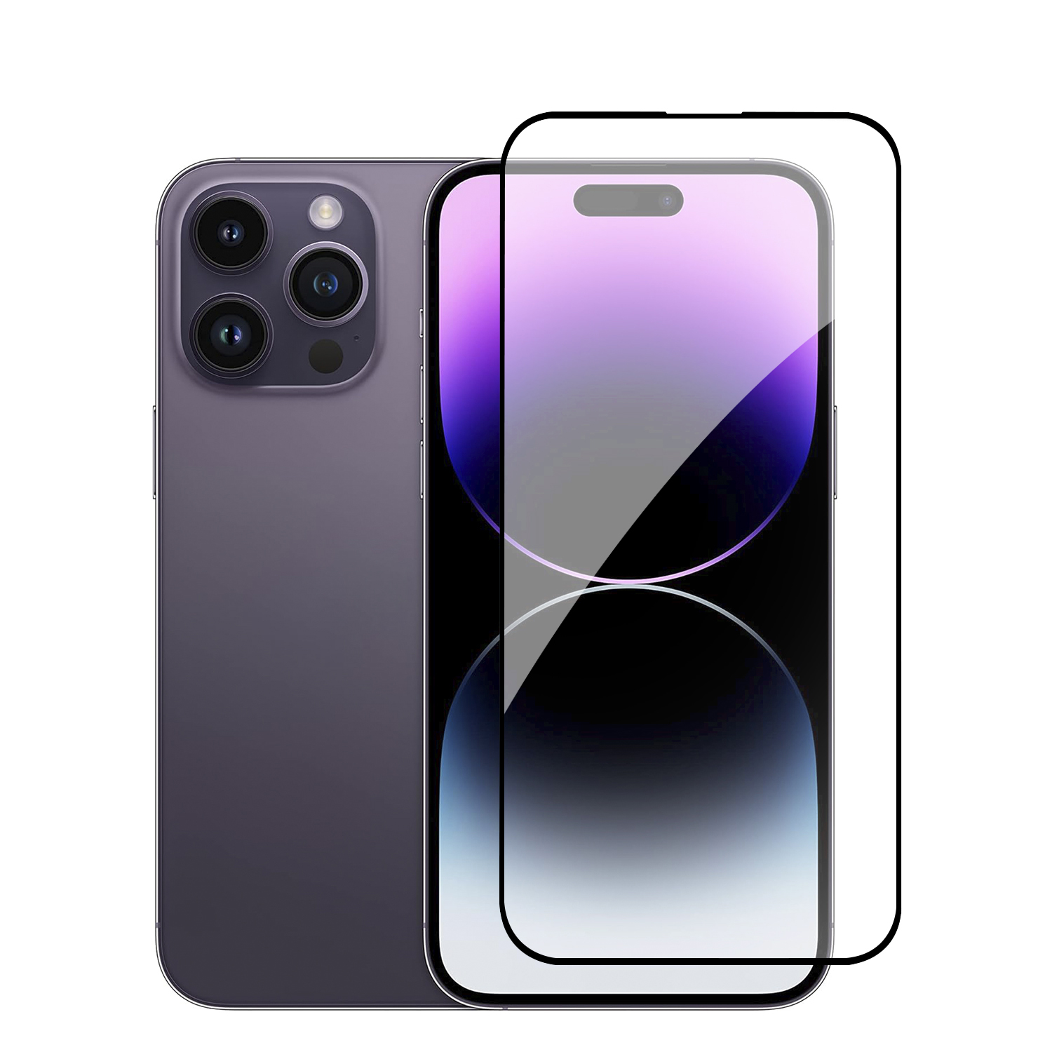 Telefono viola con protezione per lo schermo applicata. Sfondo bianco.