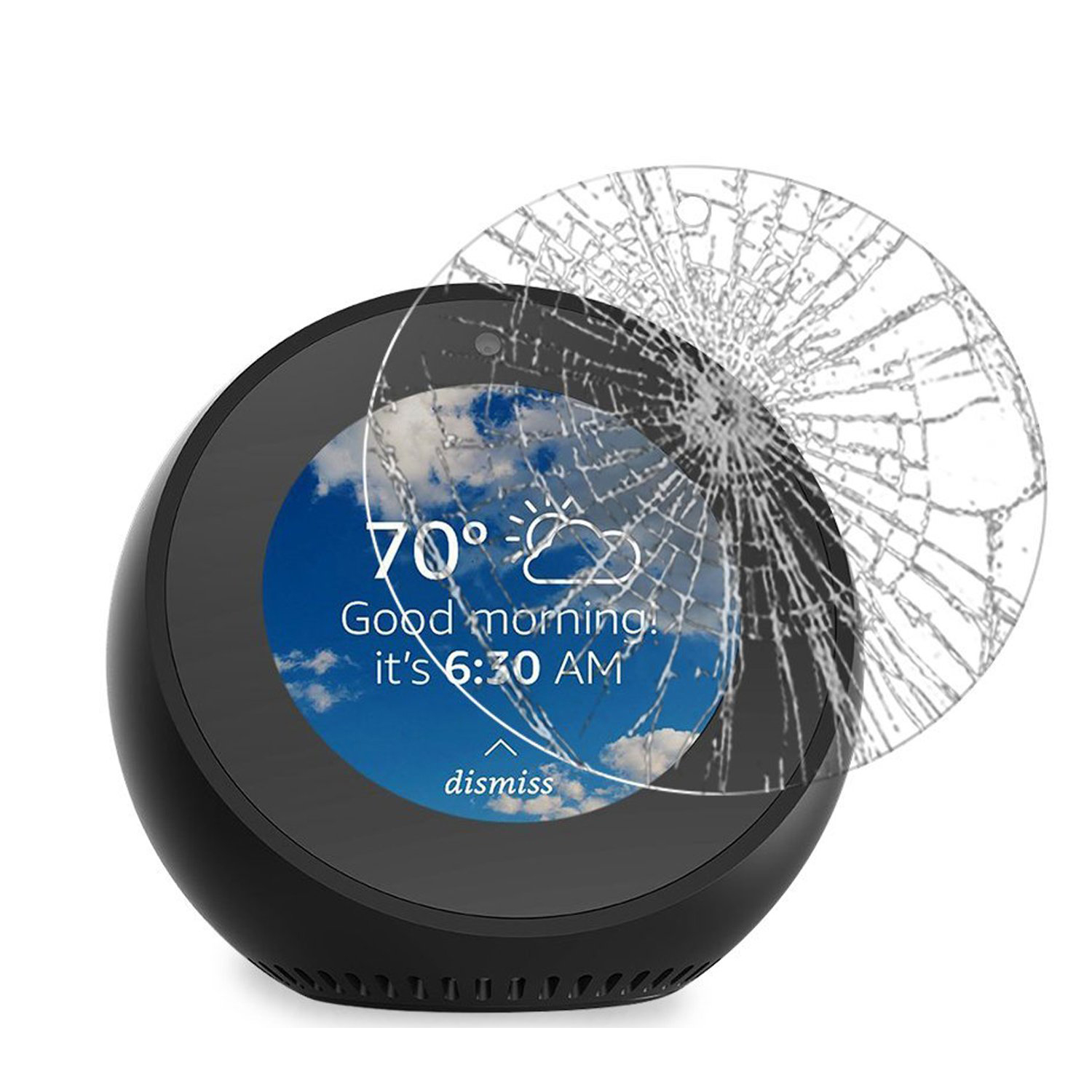 Un dispositivo smart home nero ha una protezione schermo rotta. Lo schermo mostra meteo e ora.