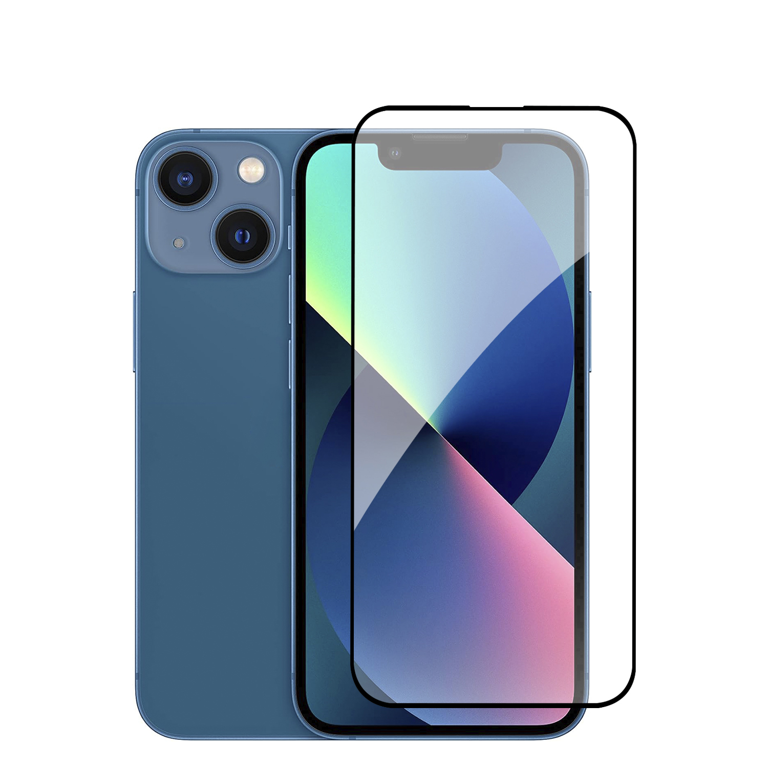 Uno smartphone con protezione schermo applicata, retro blu e configurazione fotocamera.
