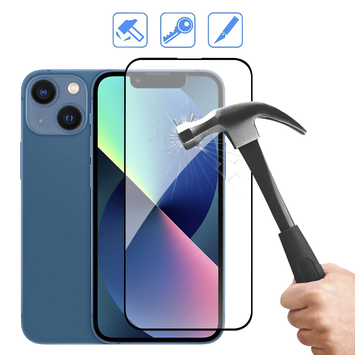 Telefono blu con protezione schermo colpito da un martello. Icone sopra.
