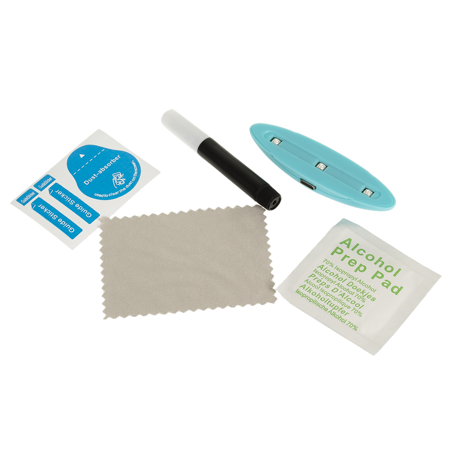 Kit di pulizia per schermo. Include adesivi guida, panno e soluzione detergente.