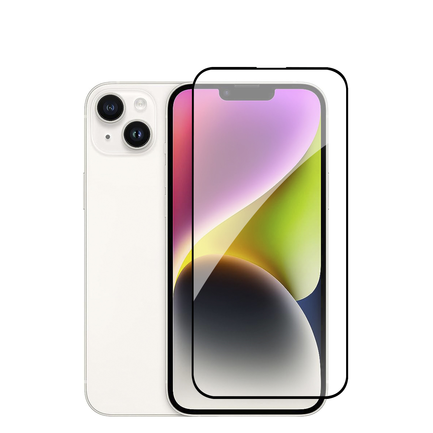 Un iPhone 14 con protezione schermo. Il telefono è bianco, con due fotocamere e una cornice nera.