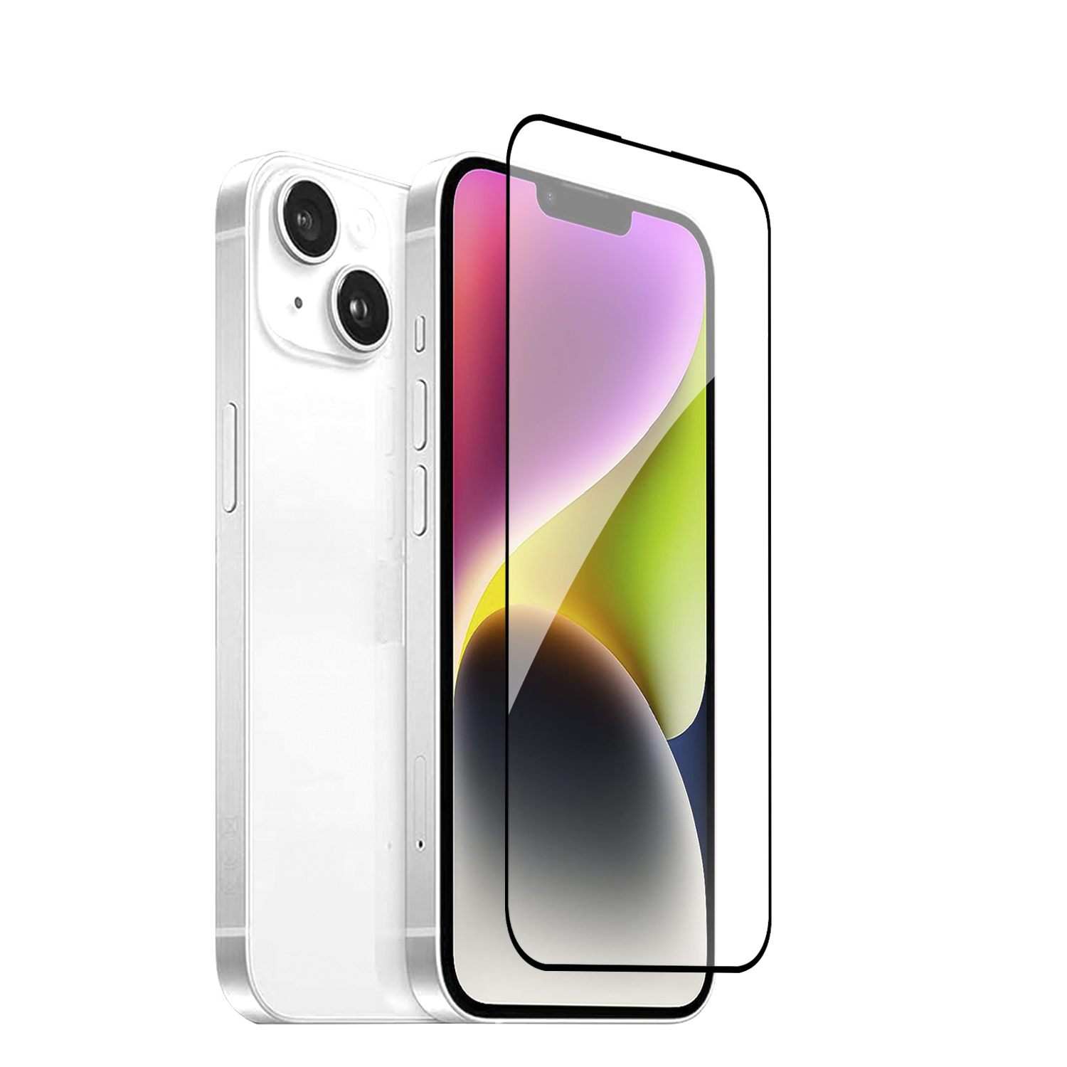 iPhone bianco con protezione schermo applicata. Mostra il retro e la parte anteriore.