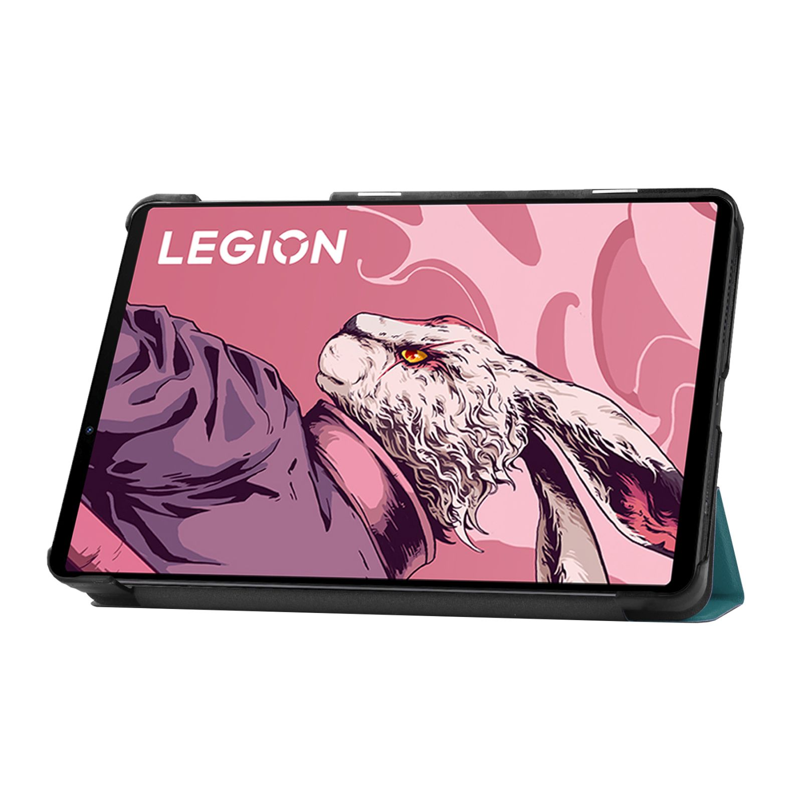 Tablet mit Hülle. Bildschirm zeigt Kaninchen-Illustration mit rosa und weißen Farben. Das Wort LEGION steht drauf.