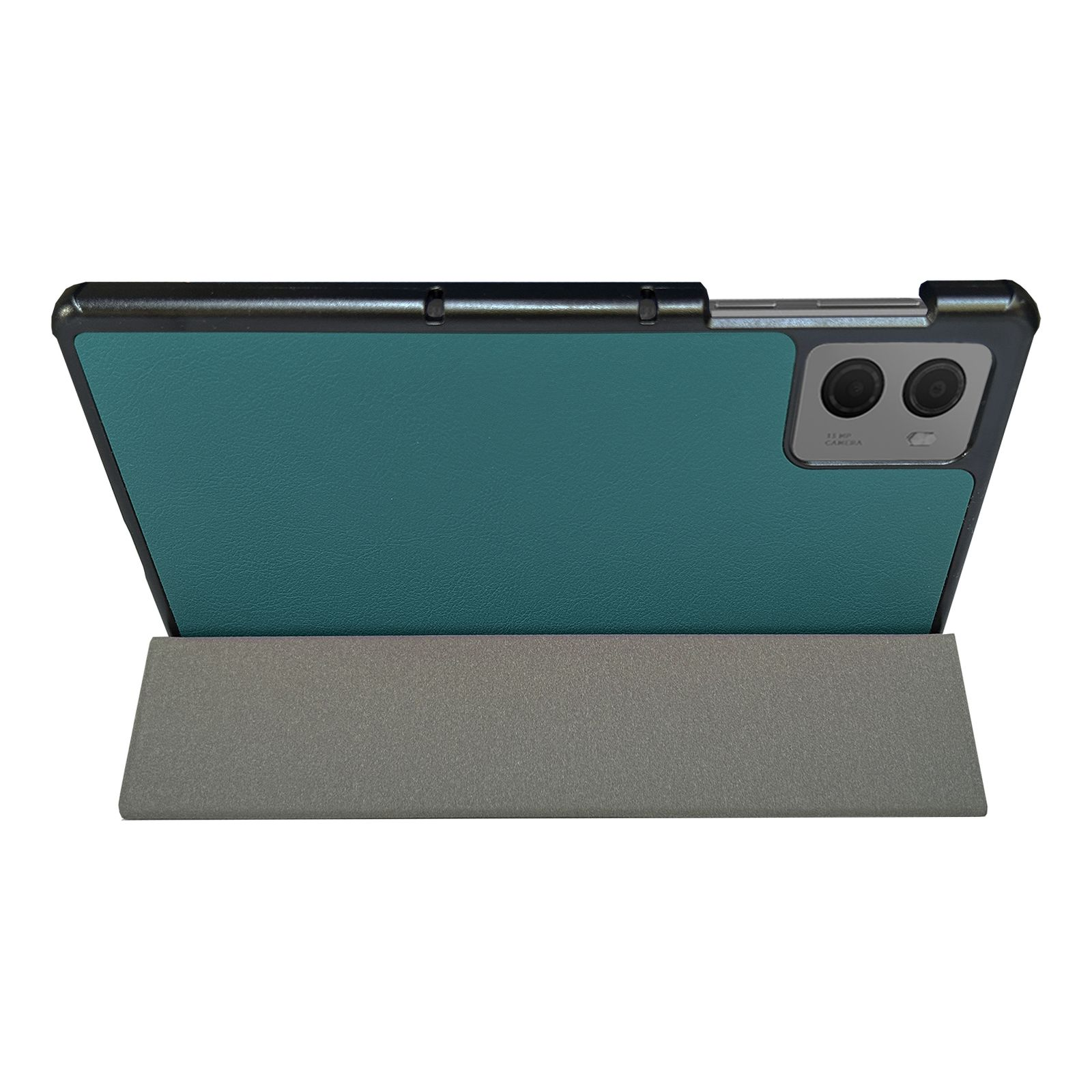 Tablet in grünem Case mit grauem Ständer, zeigt die Rückseite mit Kamera.