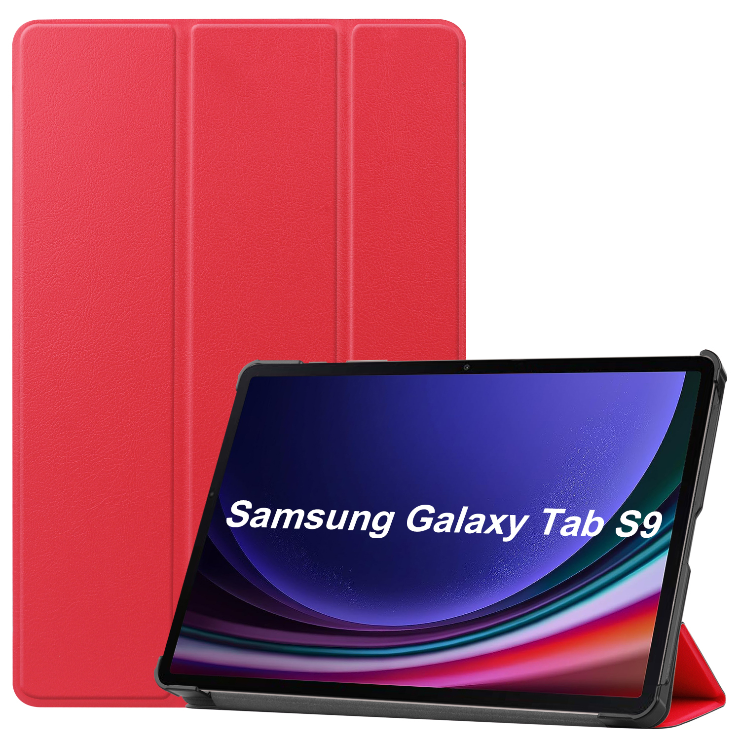 Eine rote Tablethülle mit einem Tablet darin. Das Tablet zeigt "Samsung Galaxy Tab S9".