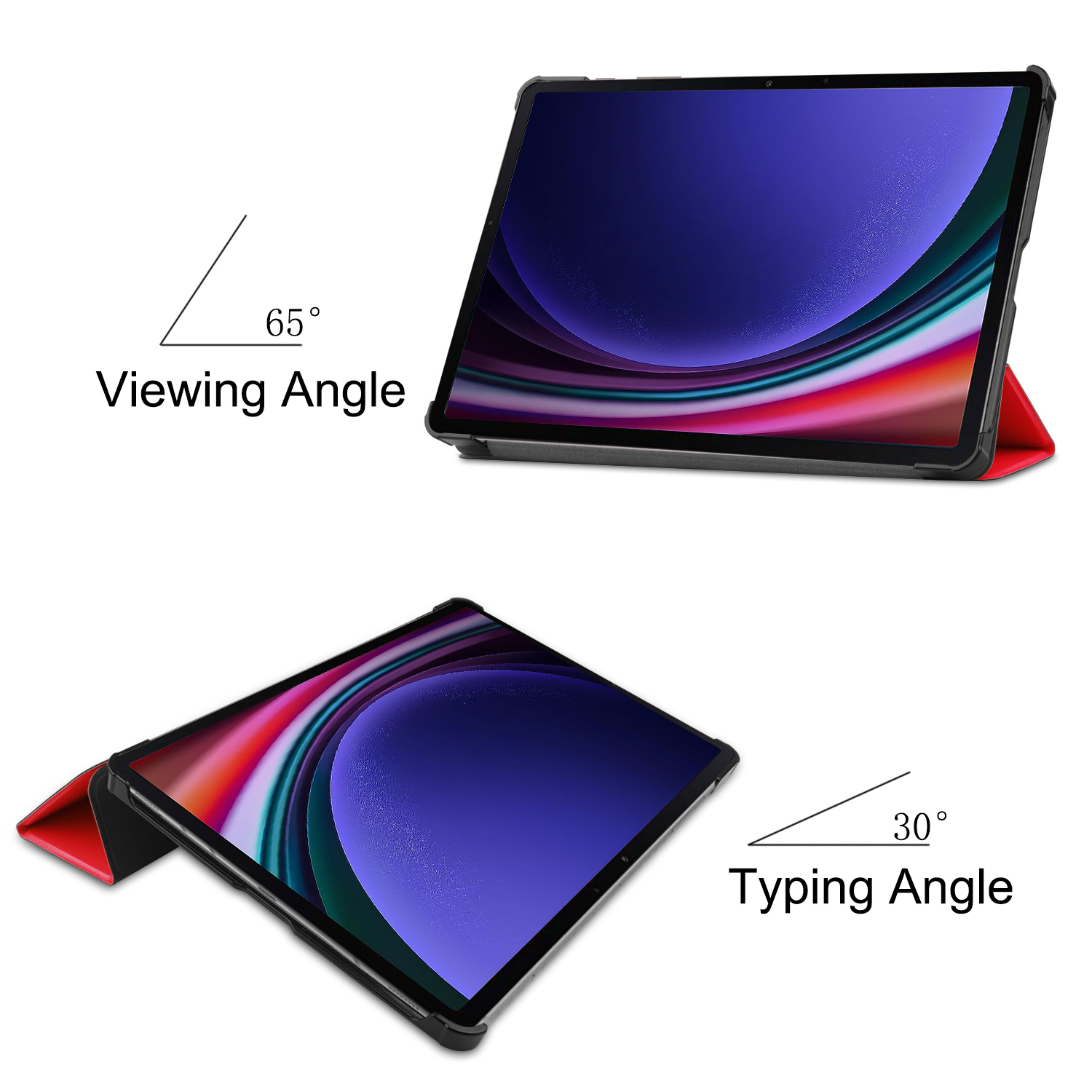 Tablet in Hülle, zeigt Betrachtungs- und Tippwinkel mit Text.