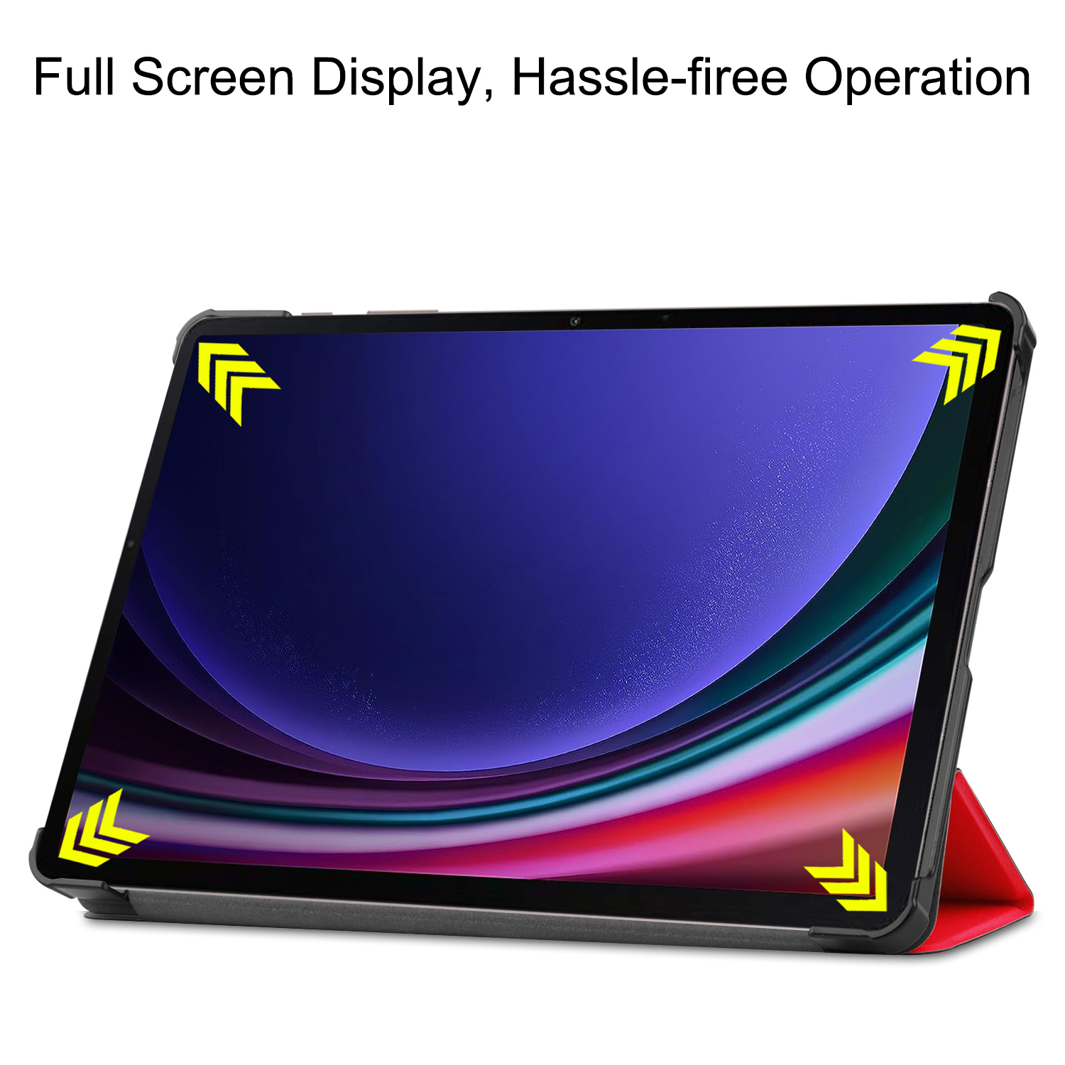Tablet-Bildschirm mit Inhalt, mit roter Hülle. Pfeile an den Ecken.