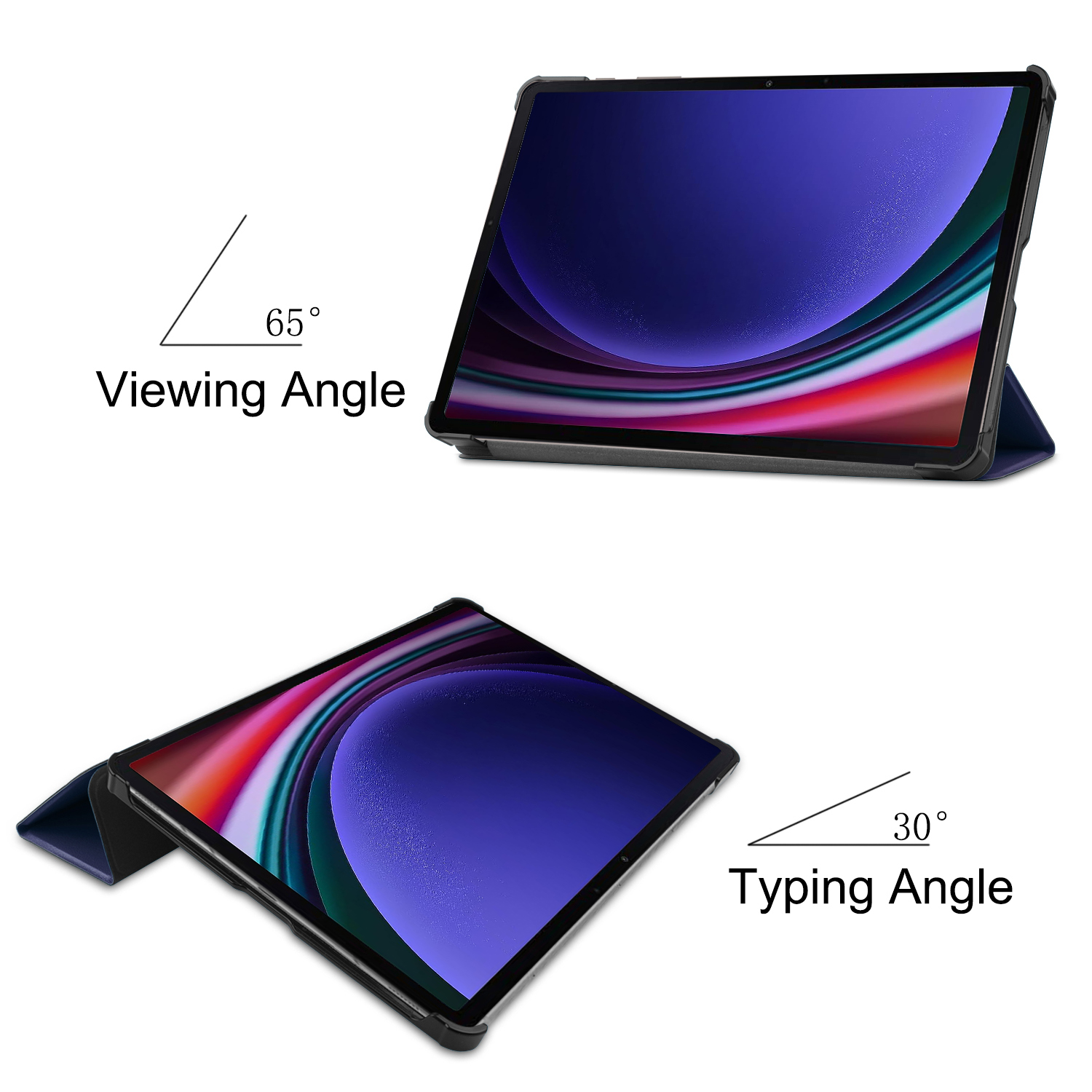 Tablets, eines im 65-Grad-Winkel, das andere im 30-Grad-Winkel. Beide haben blaue und rote Bildschirme.
