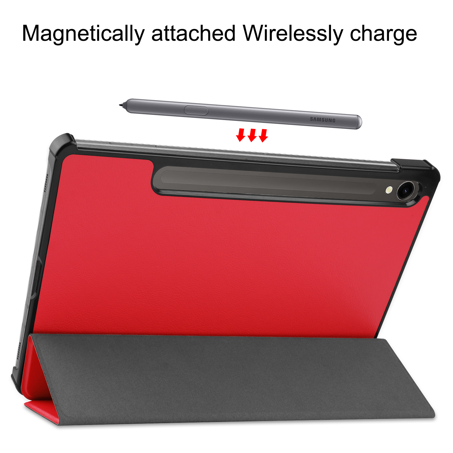 Tablet in roter Hülle mit Stift.