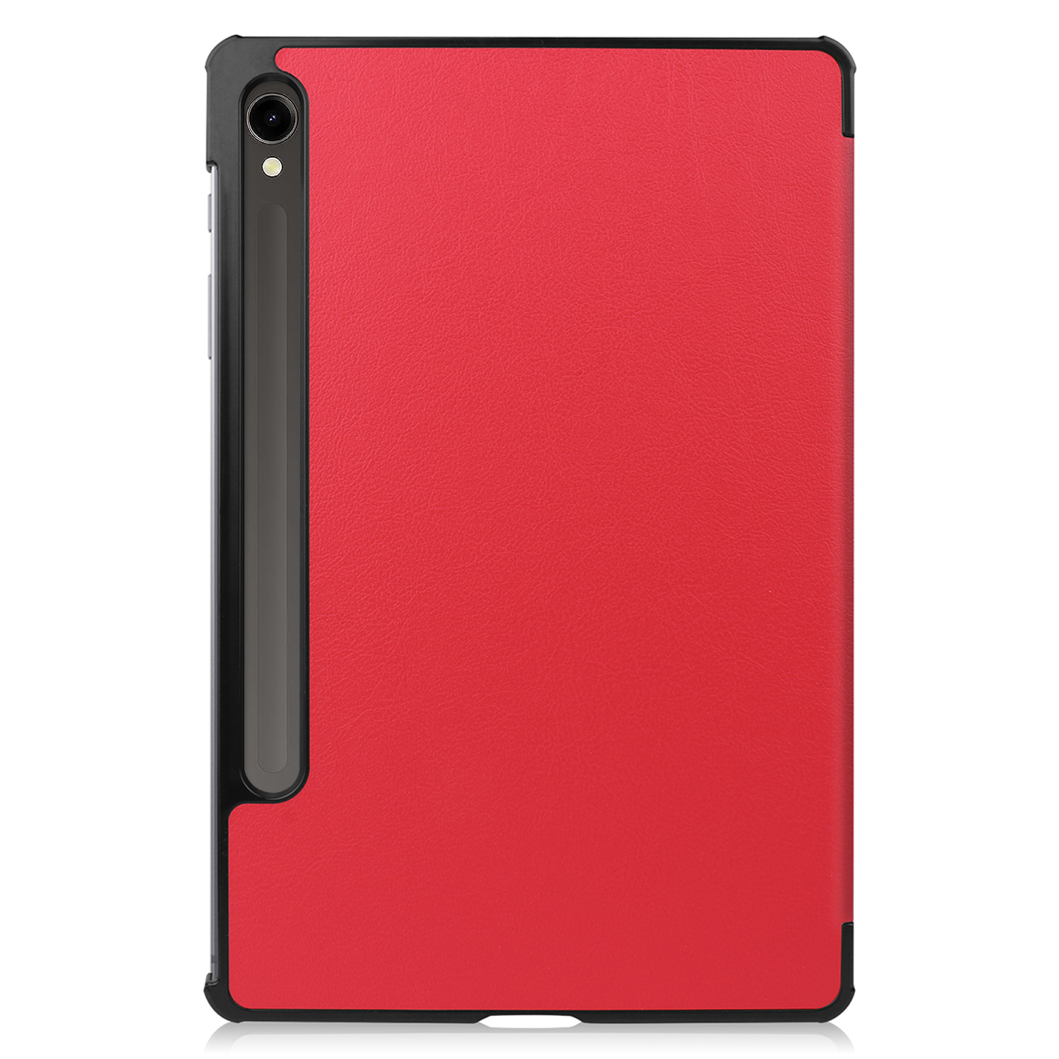 Rote Tablet-Hülle, schwarzer Rahmen, mit Stifthalter. Weißer Hintergrund.