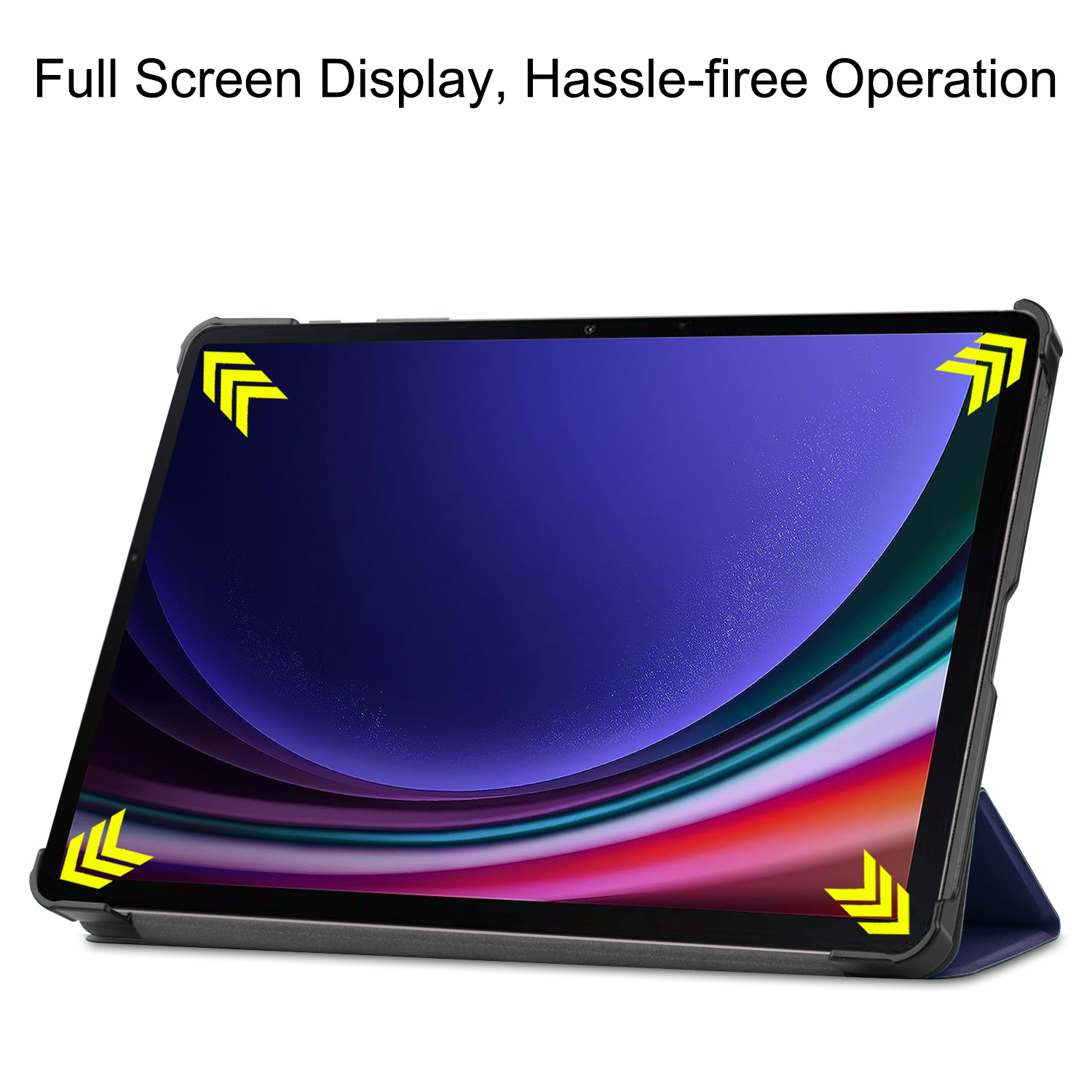 Ein Tablet mit Hülle. Der Bildschirm zeigt ein farbenfrohes Bild. Gelbe Pfeile befinden sich an den Ecken.