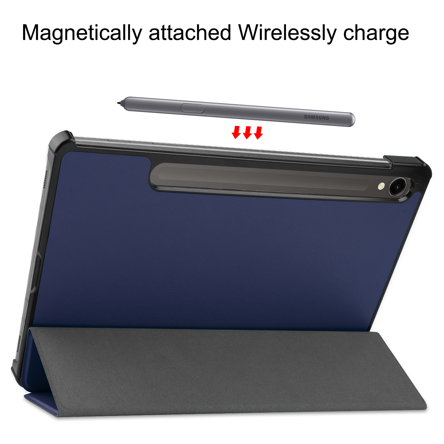 Ein Tablet in einer blauen Hülle, mit einem magnetisch befestigten Stift.