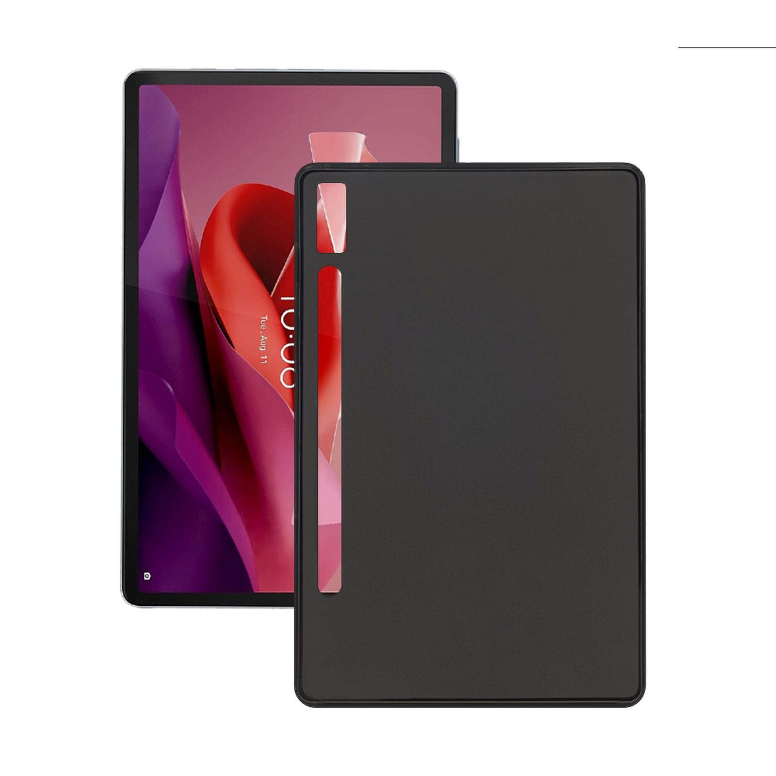 Tablet vorne und hinten. Front zeigt Zeit und Datum. Rückseite schwarz mit Kameraaussparung.