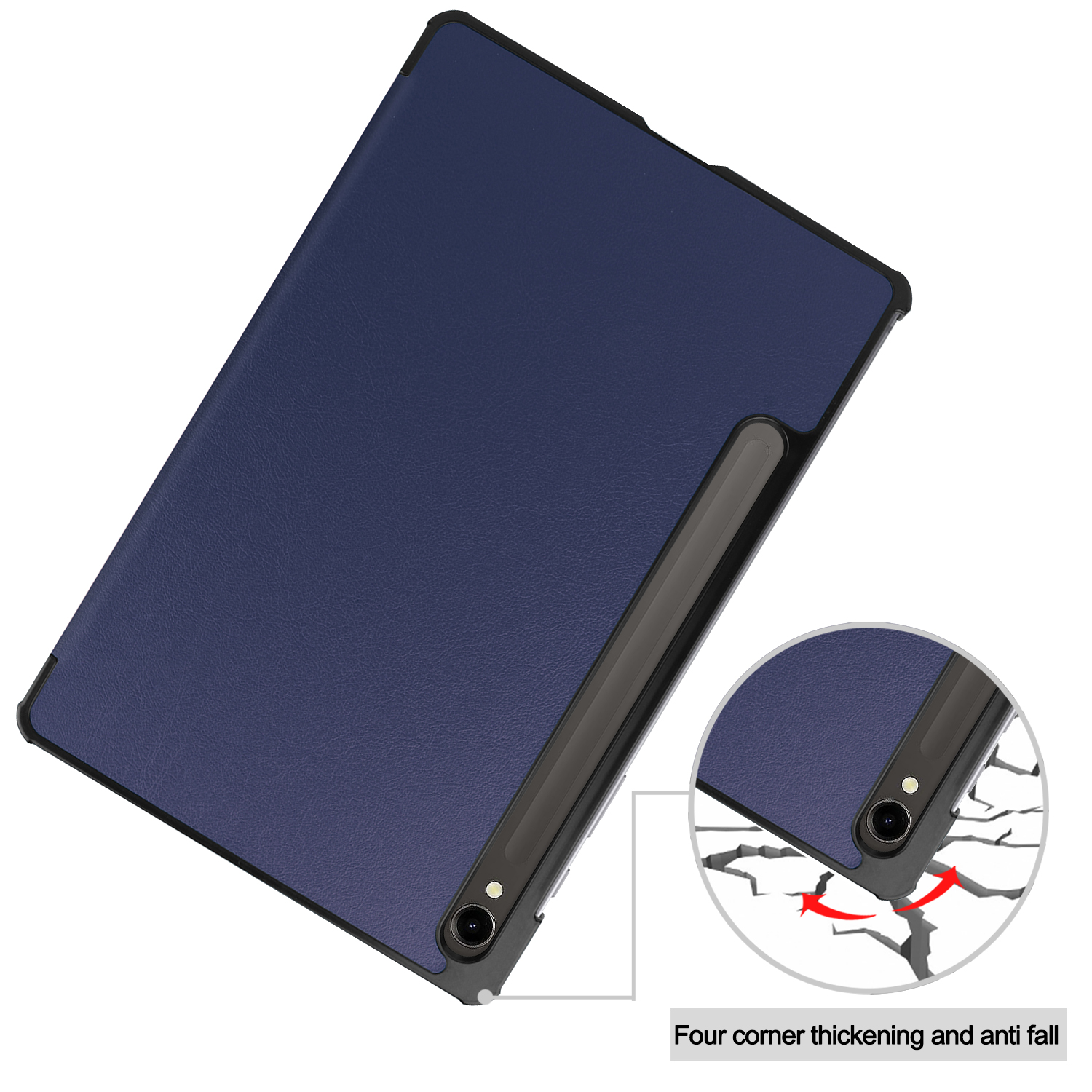 Blaues Tablet in einer Hülle mit Stift. Nahaufnahme zeigt Eckenschutz und Fallschutz.