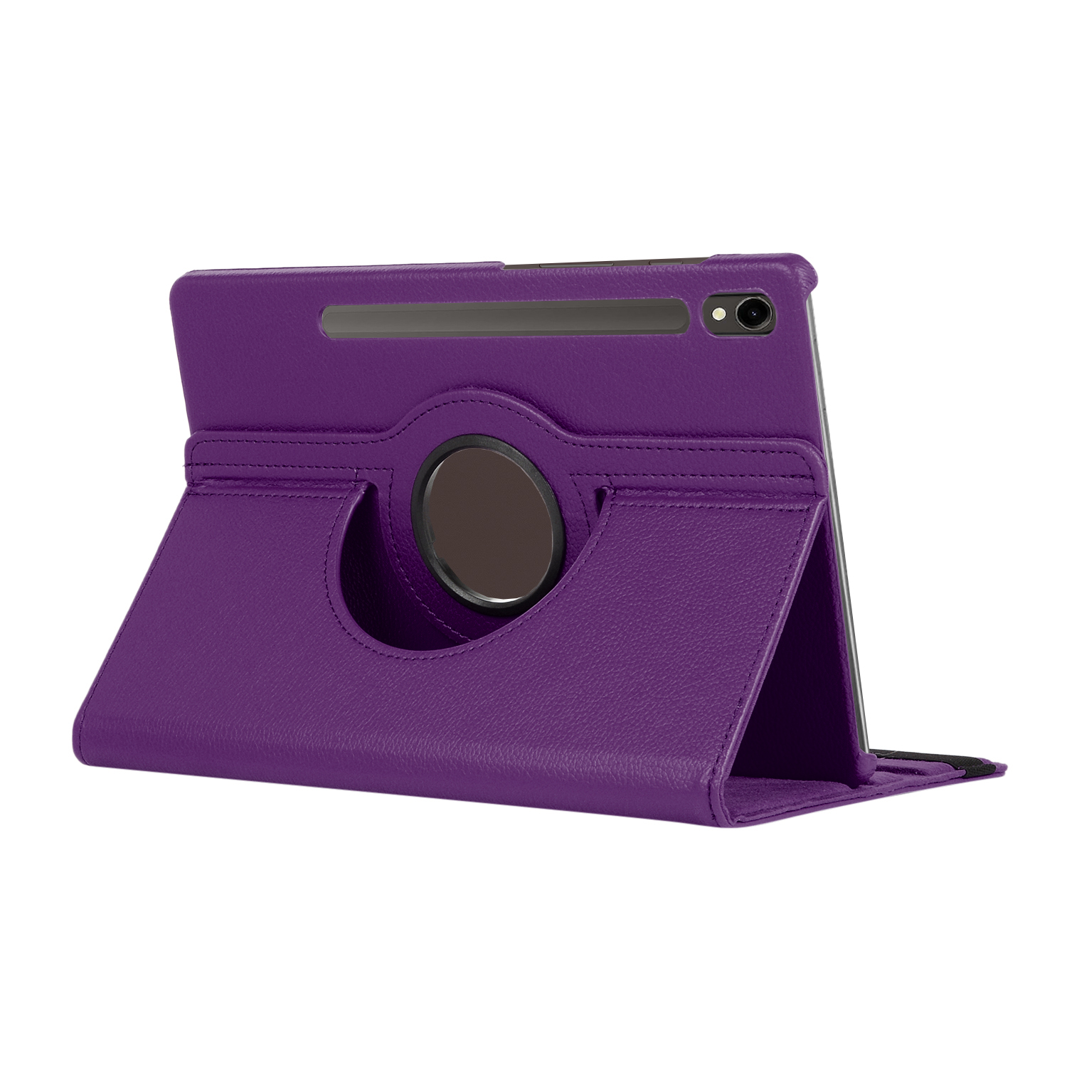 Ein lila Tablet in einer Lederhülle, mit drehbarem Ring und Ständer.
