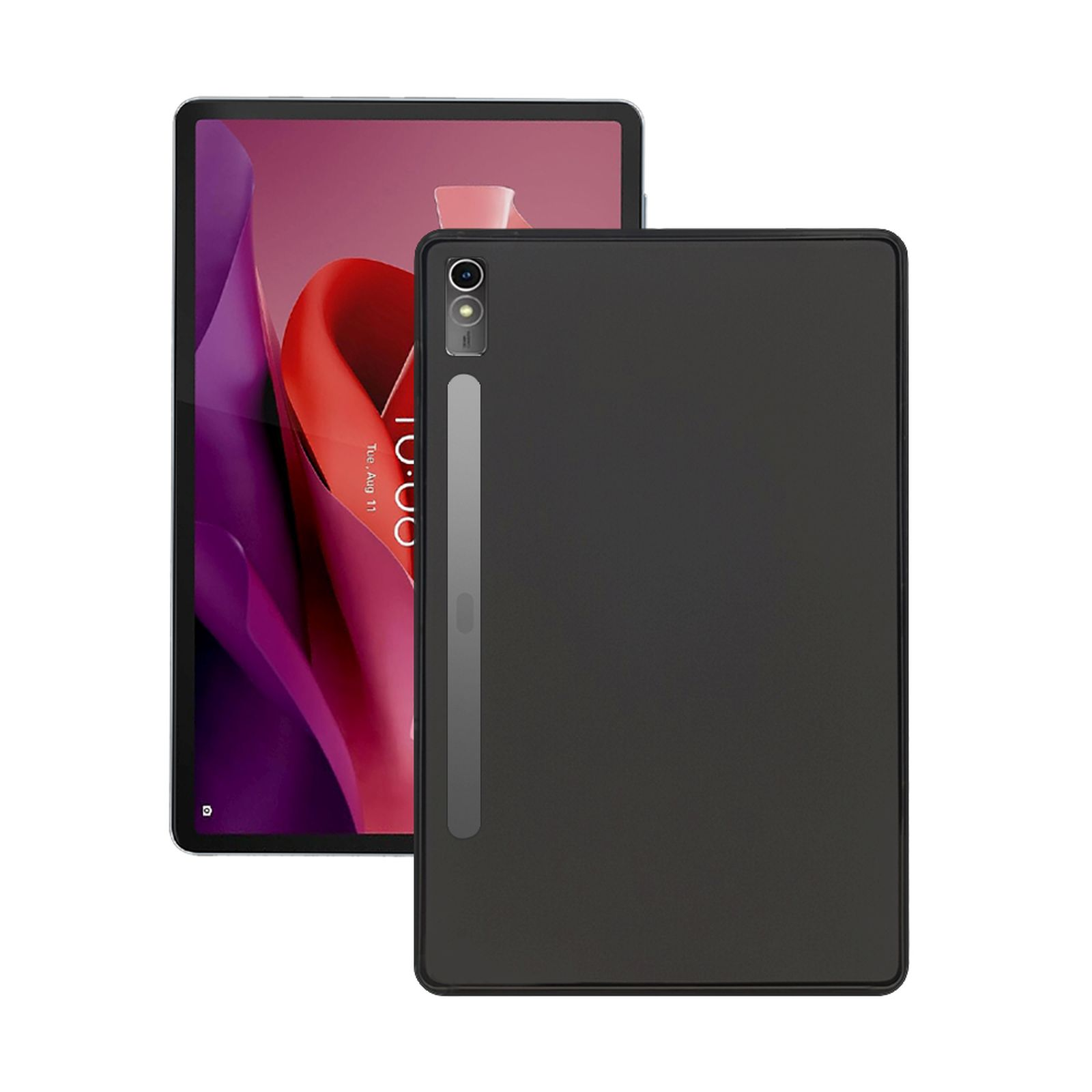 Tablet mit schwarzem Gehäuse an der Seite mit einem anderen Tablet. Der Bildschirm zeigt eine rosa und rote Farbe.