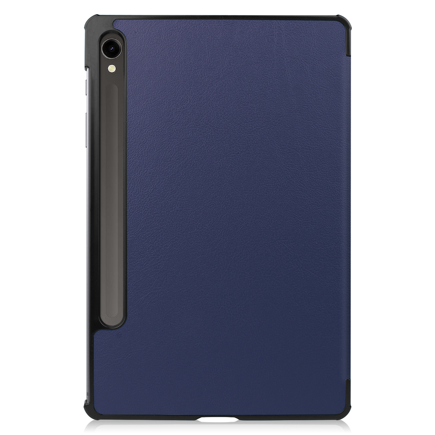 Eine marineblaue Tablet-Hülle mit schwarzem Rahmen und Stifthalter. Das Tablet ist nicht sichtbar.