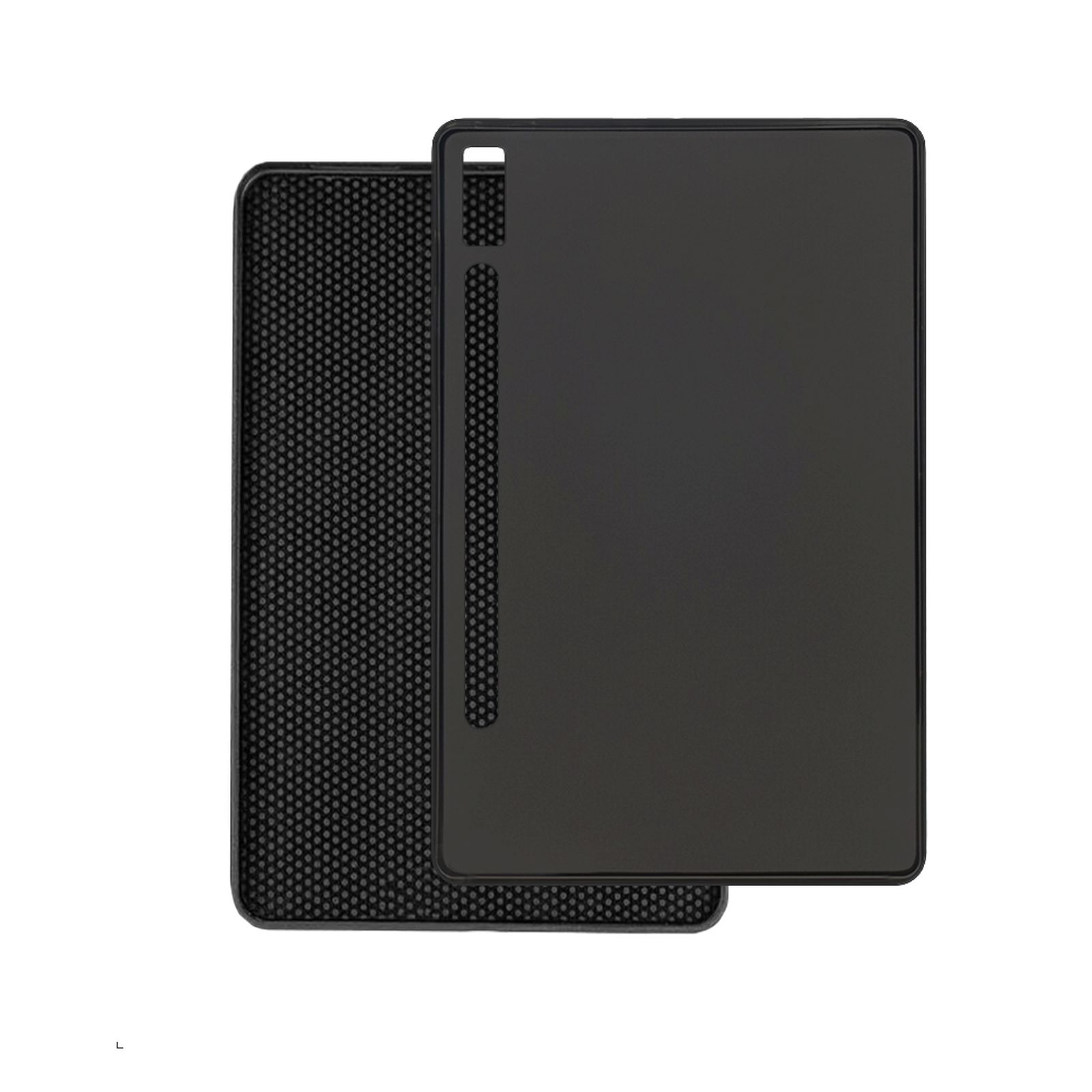 Zwei schwarze Tablet-Hüllen, eine geöffnet, um ein strukturiertes Innere zu zeigen, vor weißem Hintergrund.