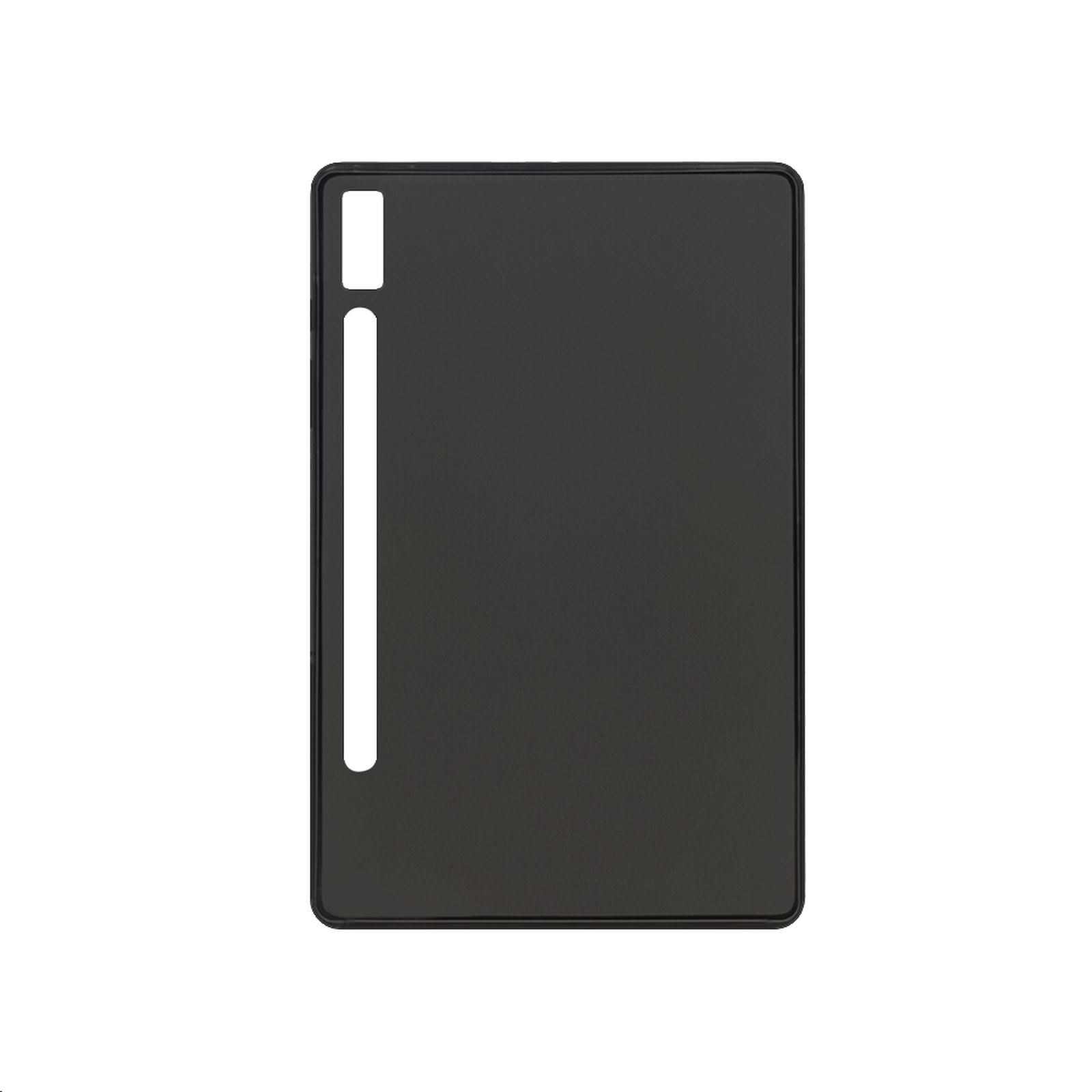 Schwarze Tablethülle mit Stiftschlitz-Design und weißem Hintergrund.