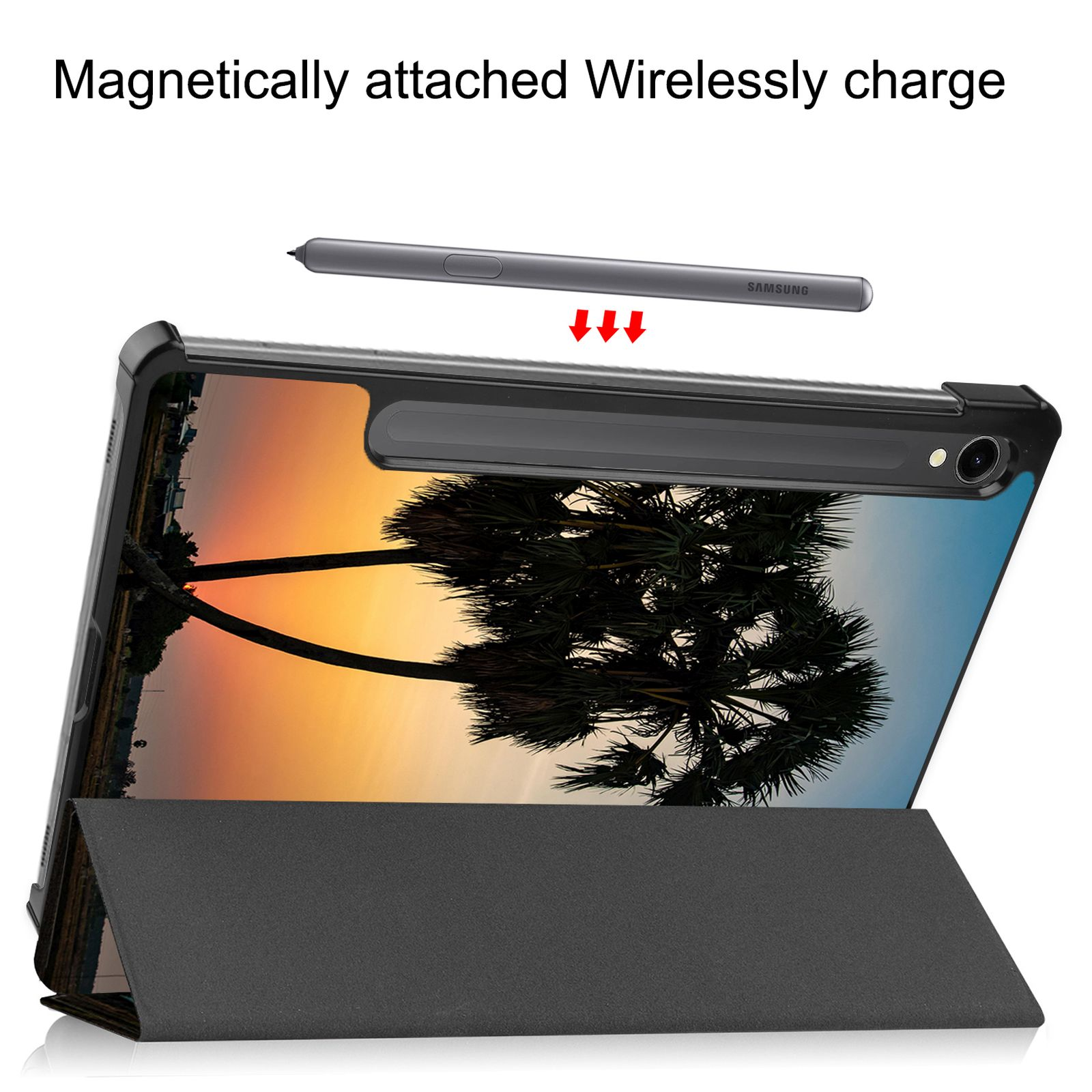 Tablet in einer Hülle mit offenem Ständer. Ein Stift haftet magnetisch. Sonnenuntergang und Palmenbild.