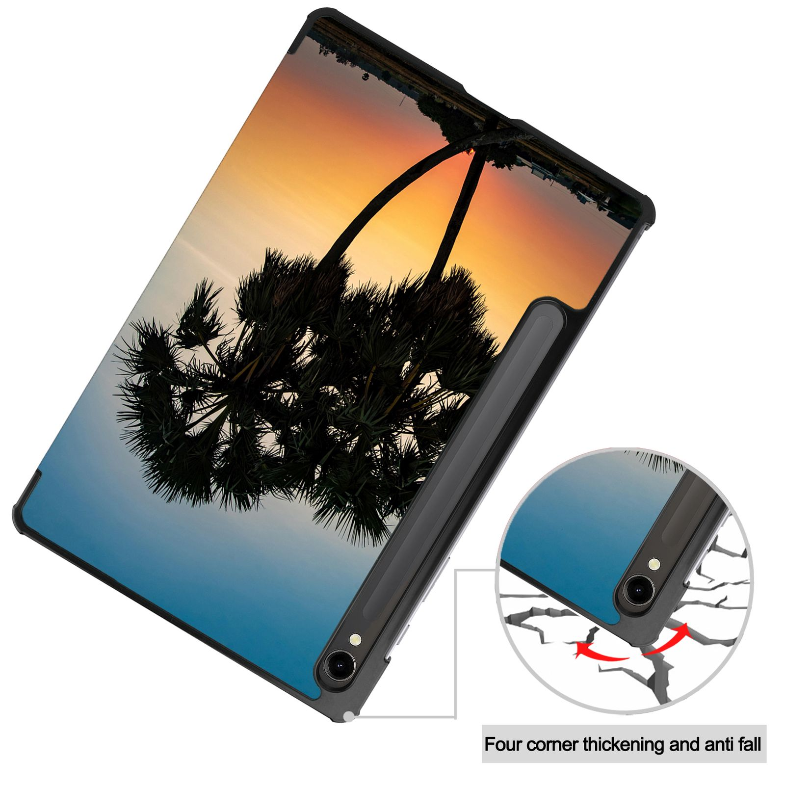 Tablet mit Sonnenuntergangshintergrund. Palmen vor dem Sonnenuntergang. Der Bildschirm ist sichtbar.