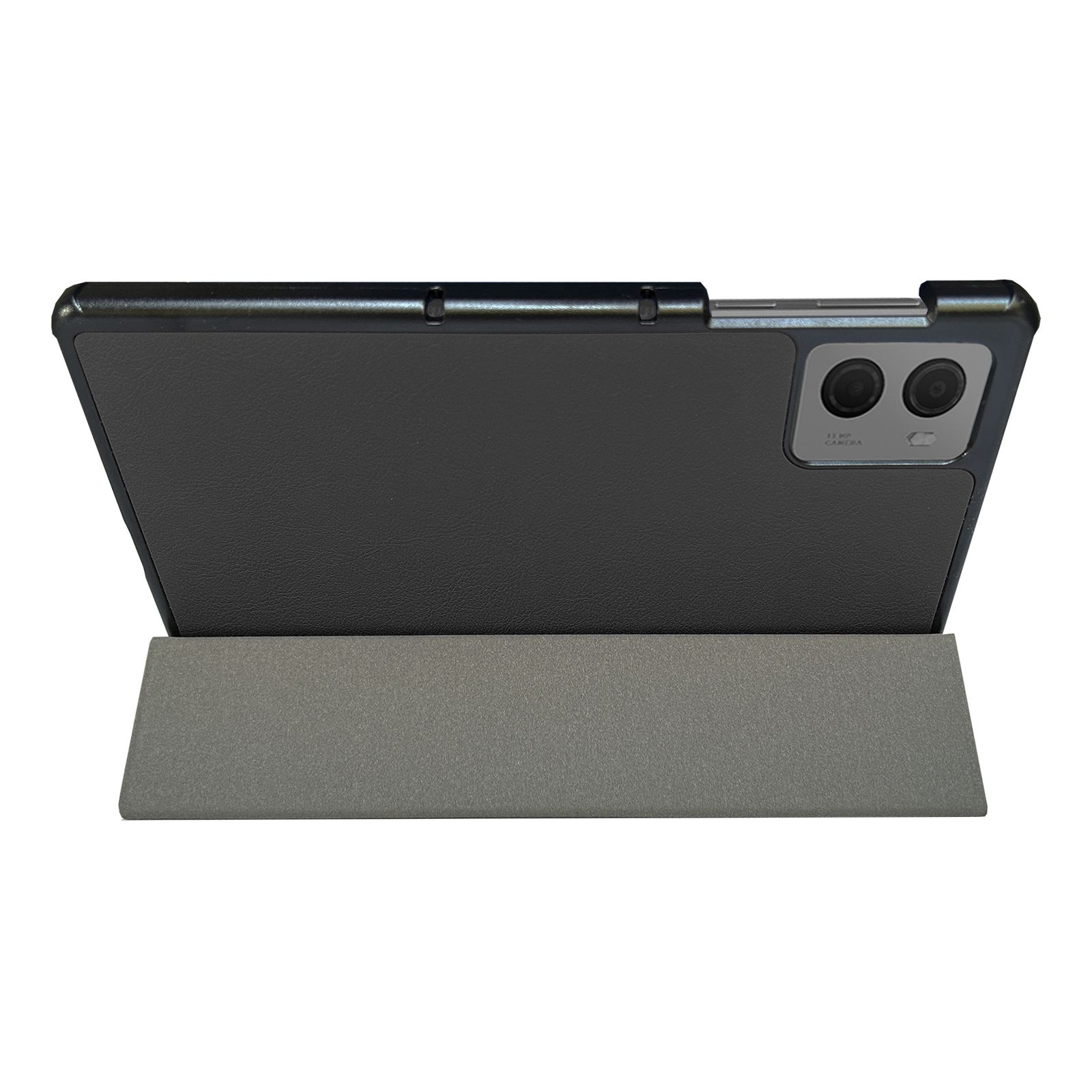 Tablet mit schwarzer Hülle und grauem Ständer. Der Bildschirm zeigt einen Sonnenuntergangshintergrund.