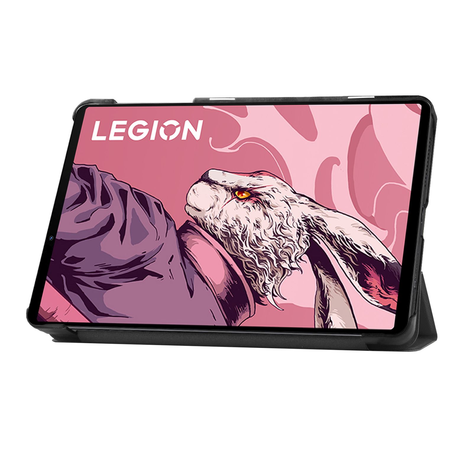 Tablet mit einem Hasenbild auf dem Bildschirm, in einem Ständer. Der Bildschirm zeigt 'LEGION'.
