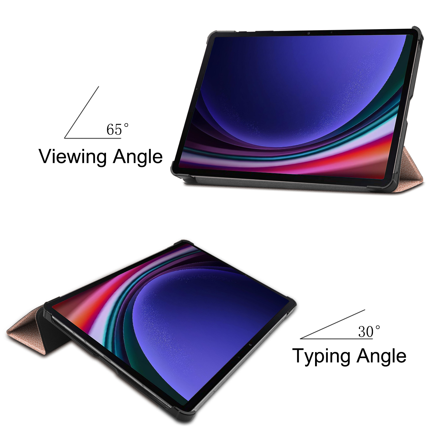 Tablet in einer Hülle. Zwei Ansichten, eine mit 65-Grad-Betrachtungswinkel, die andere mit 30-Grad-Tippwinkel.