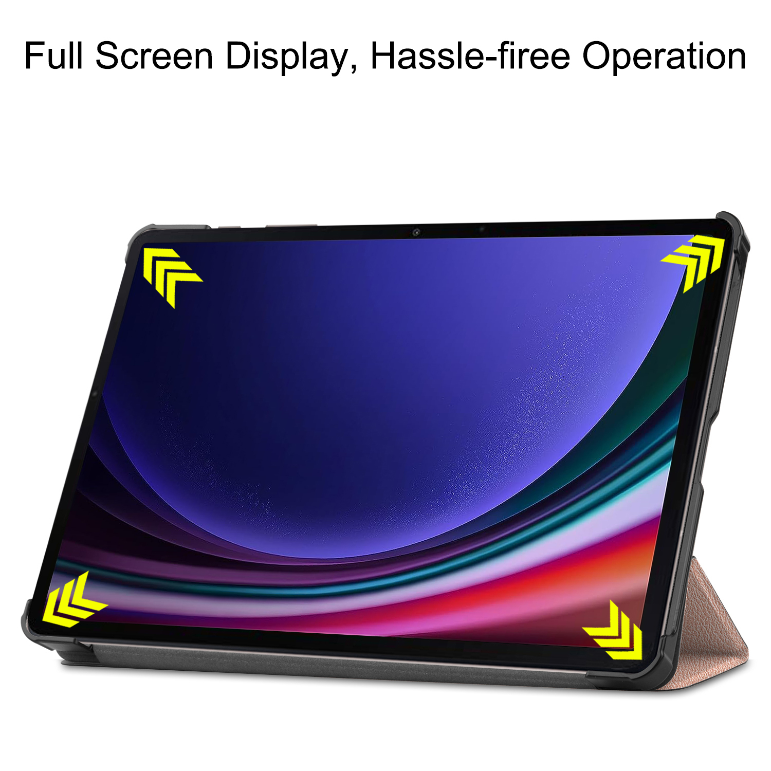 Tablet im Gehäuse mit Bildschirm mit Oberfläche auf weißem Hintergrund.
