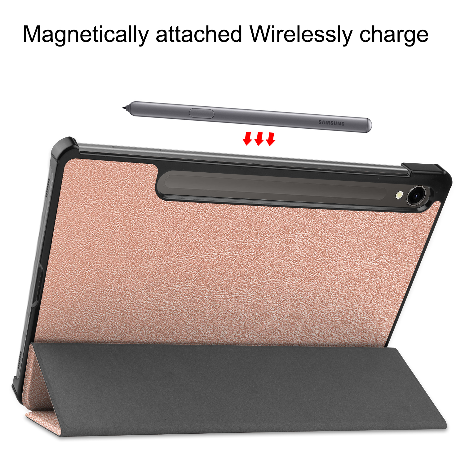 Tablet mit Hülle und magnetischem Stift, der kabellos geladen wird. Rosa und schwarze Farben.