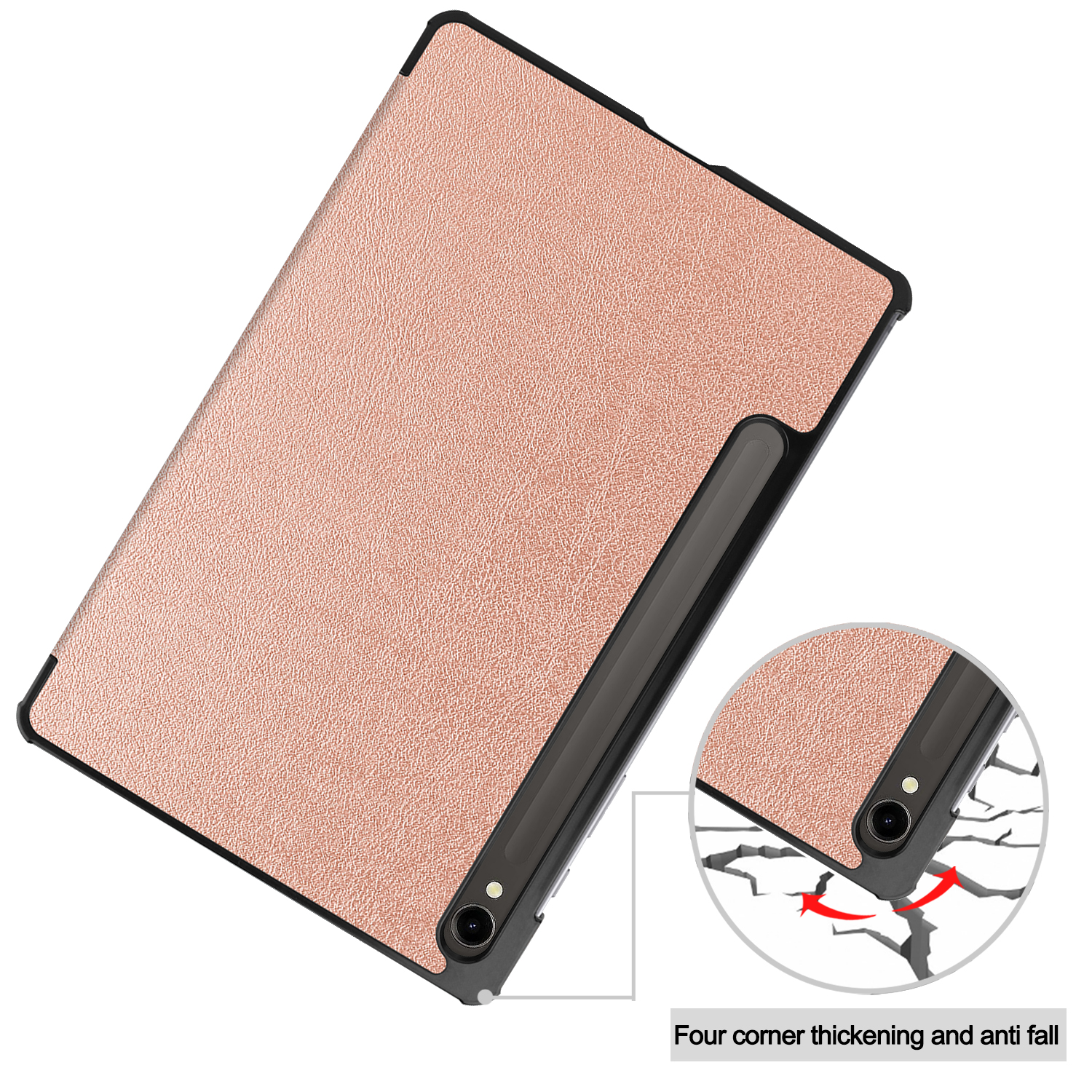 Tablethülle. Die Hülle ist rosa und hat einen Schlitz für den Stift. Zeigt Anti-Fall-Funktion.