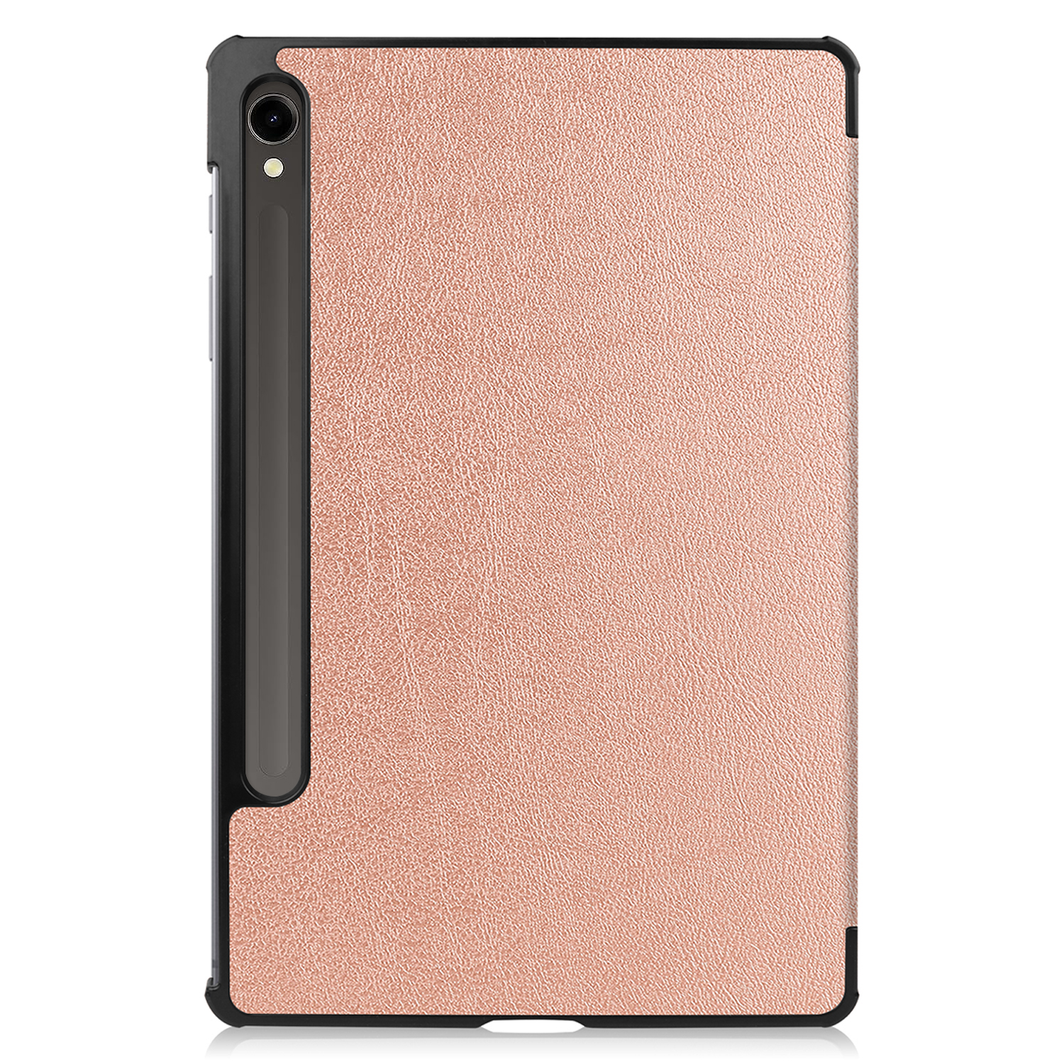 Eine roségoldene Tablet-Hülle mit schwarzem Rahmen und einem Stifthalter an der Seite.