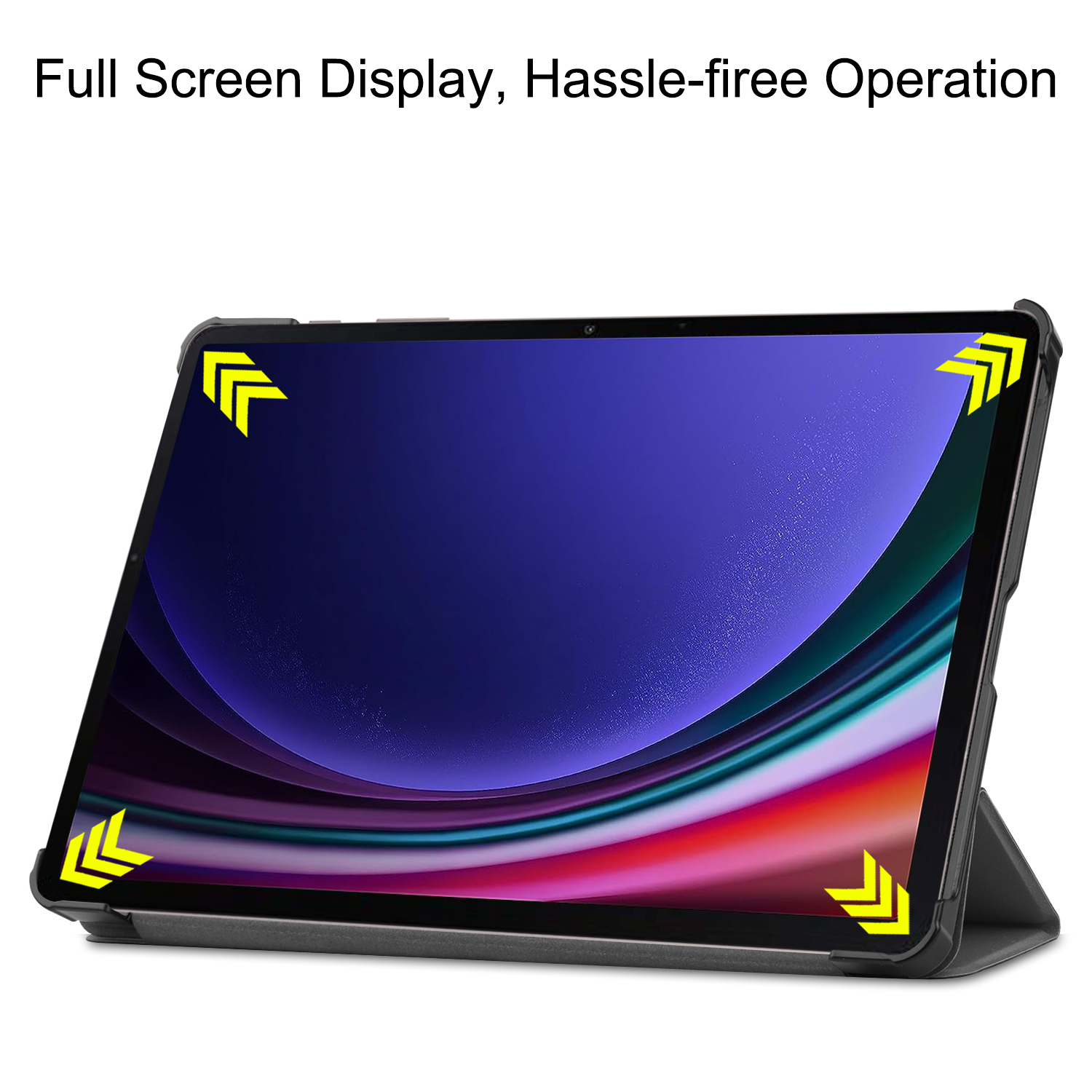 Schwarzes Tablet im Case, Bildschirm an, angewinkelt mit Pfeilen. Text: Full Screen Display, problemlose Bedienung.