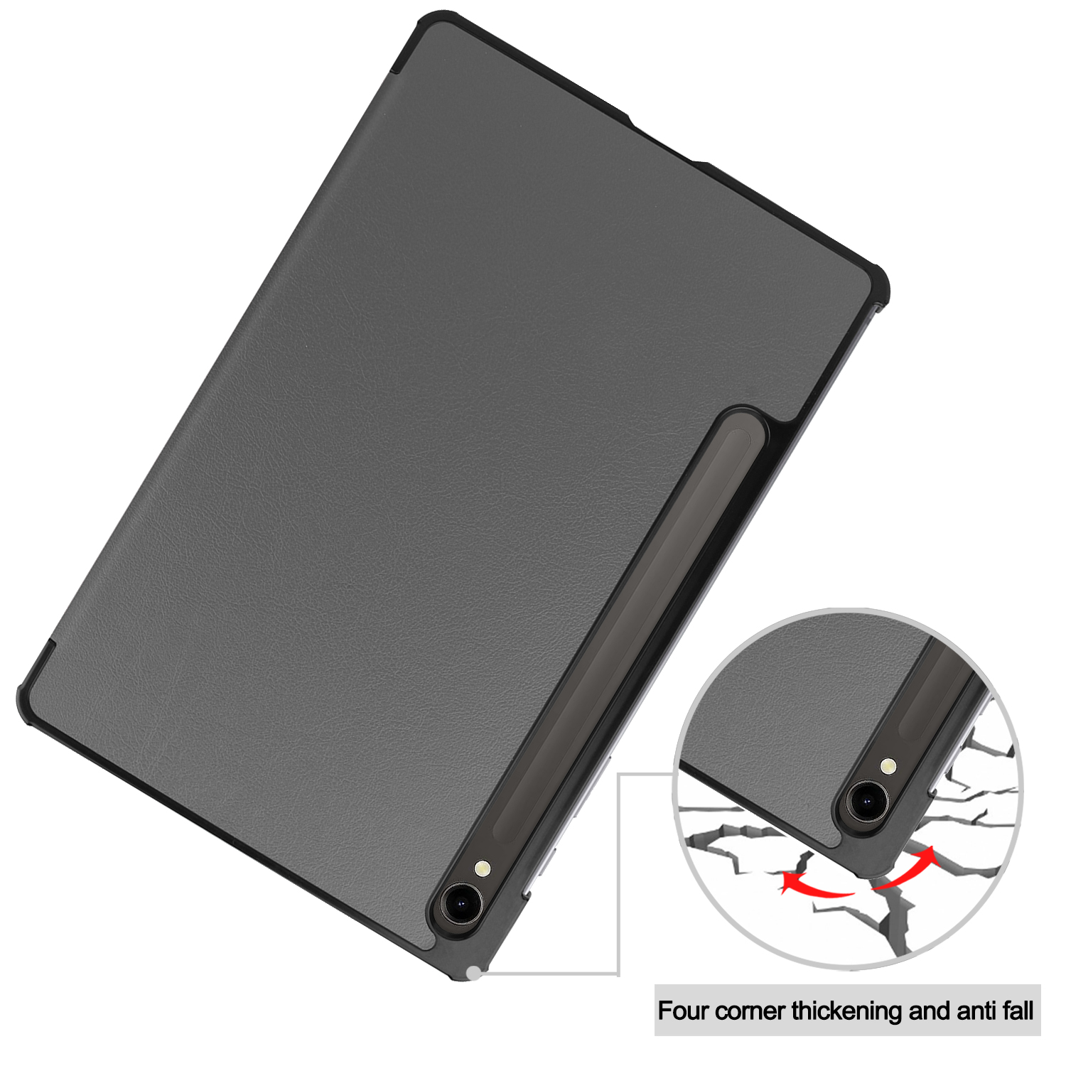 Graues Tablet mit Stift, schwarzes Gehäuse, Rissboden-Grafik.