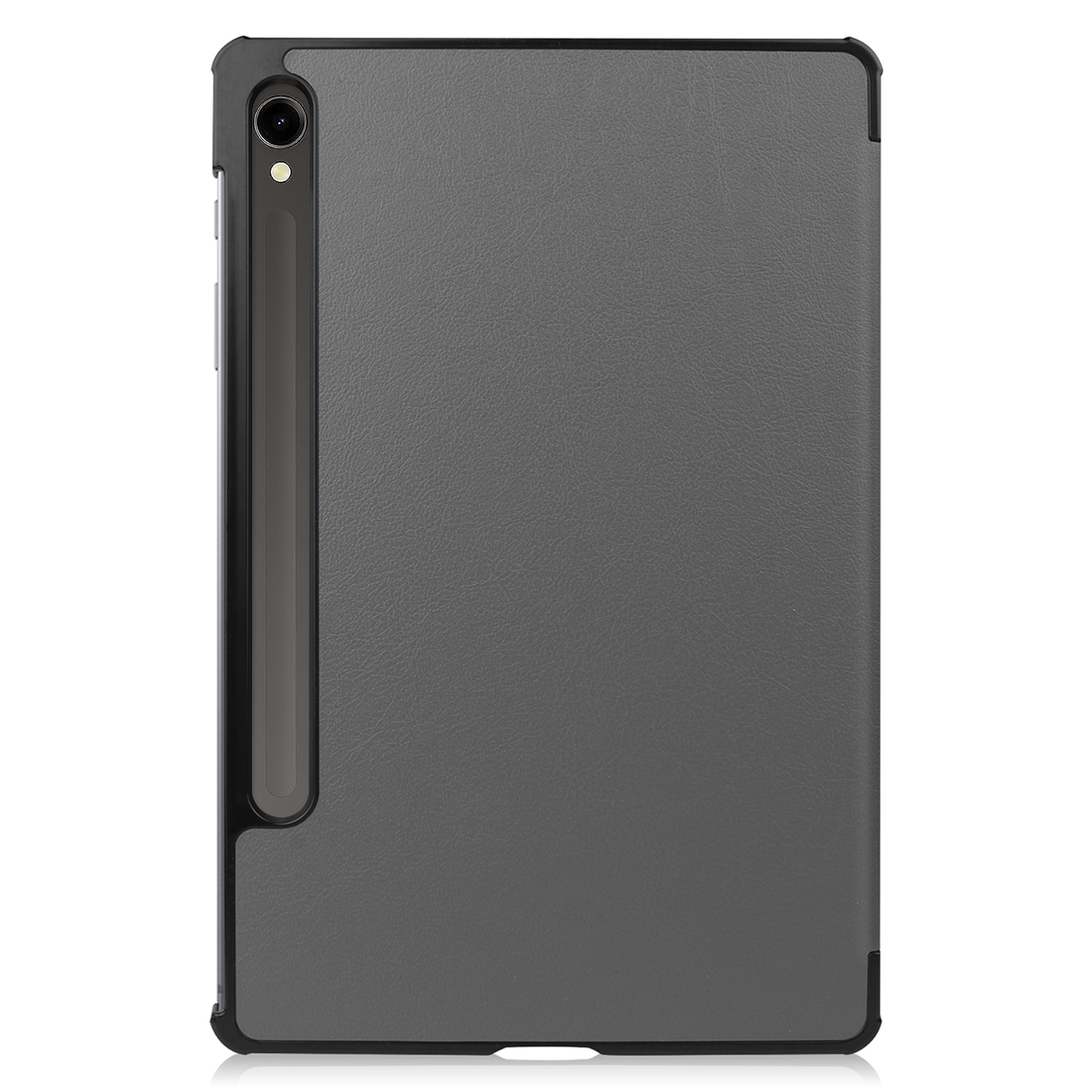 Tablet-Hülle, grau, mit Stifthalter und schwarzem Rahmen, vor weißer Oberfläche.