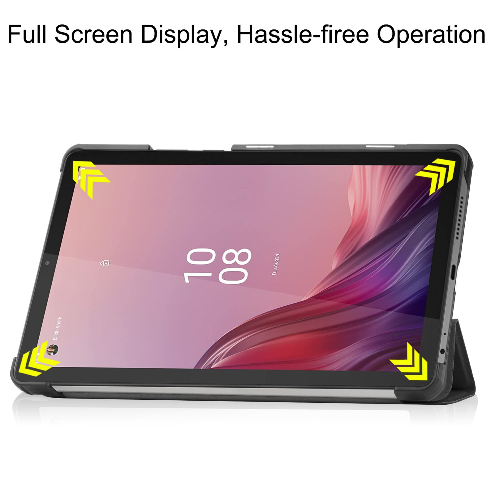 Ein Tablet mit einem Kalender. Der Bildschirm befindet sich in einem schwarzen Gehäuse. Der Hintergrund ist weiß.