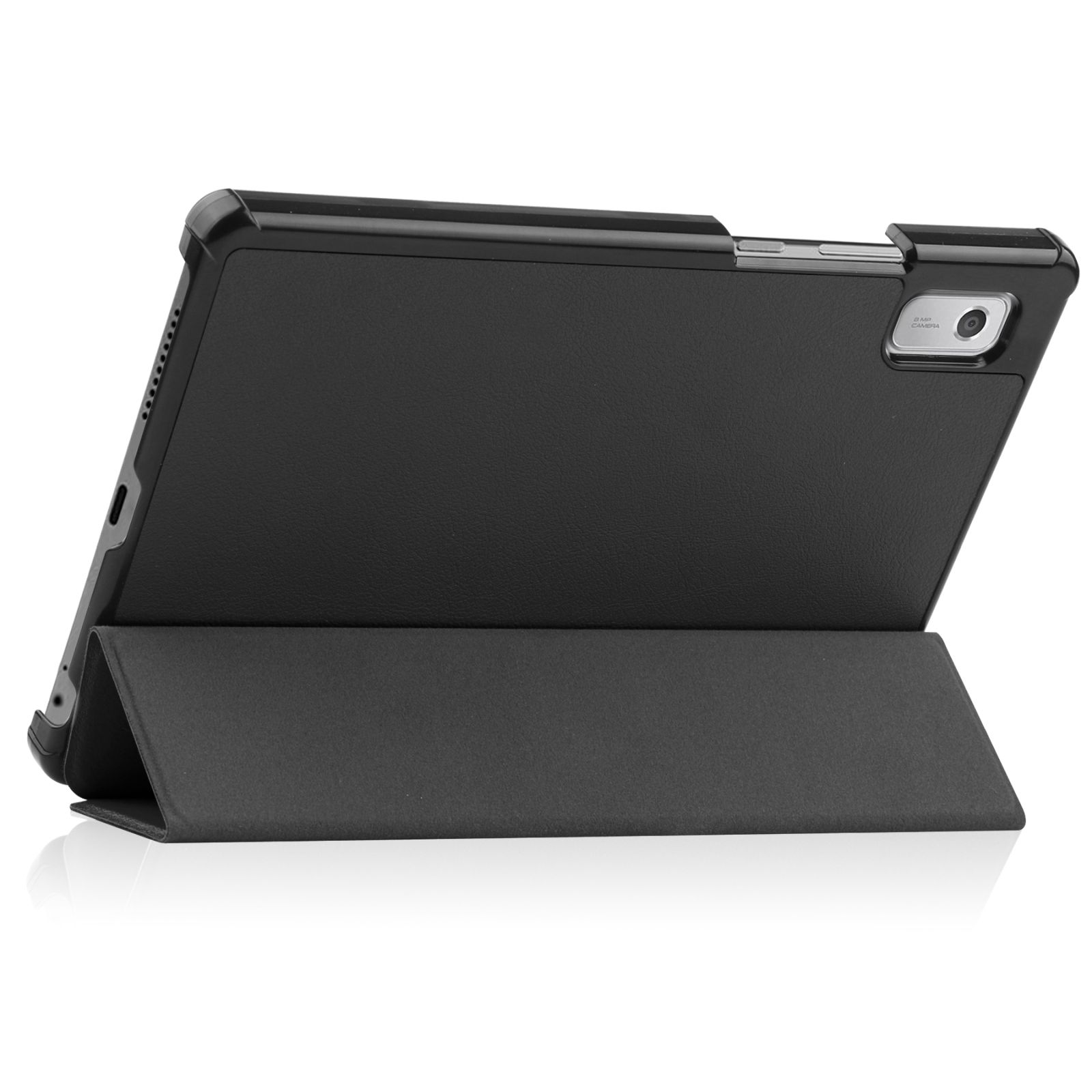 Schwarzes Tablet in einem Gehäuse, auf weißem Hintergrund aufgestellt.
